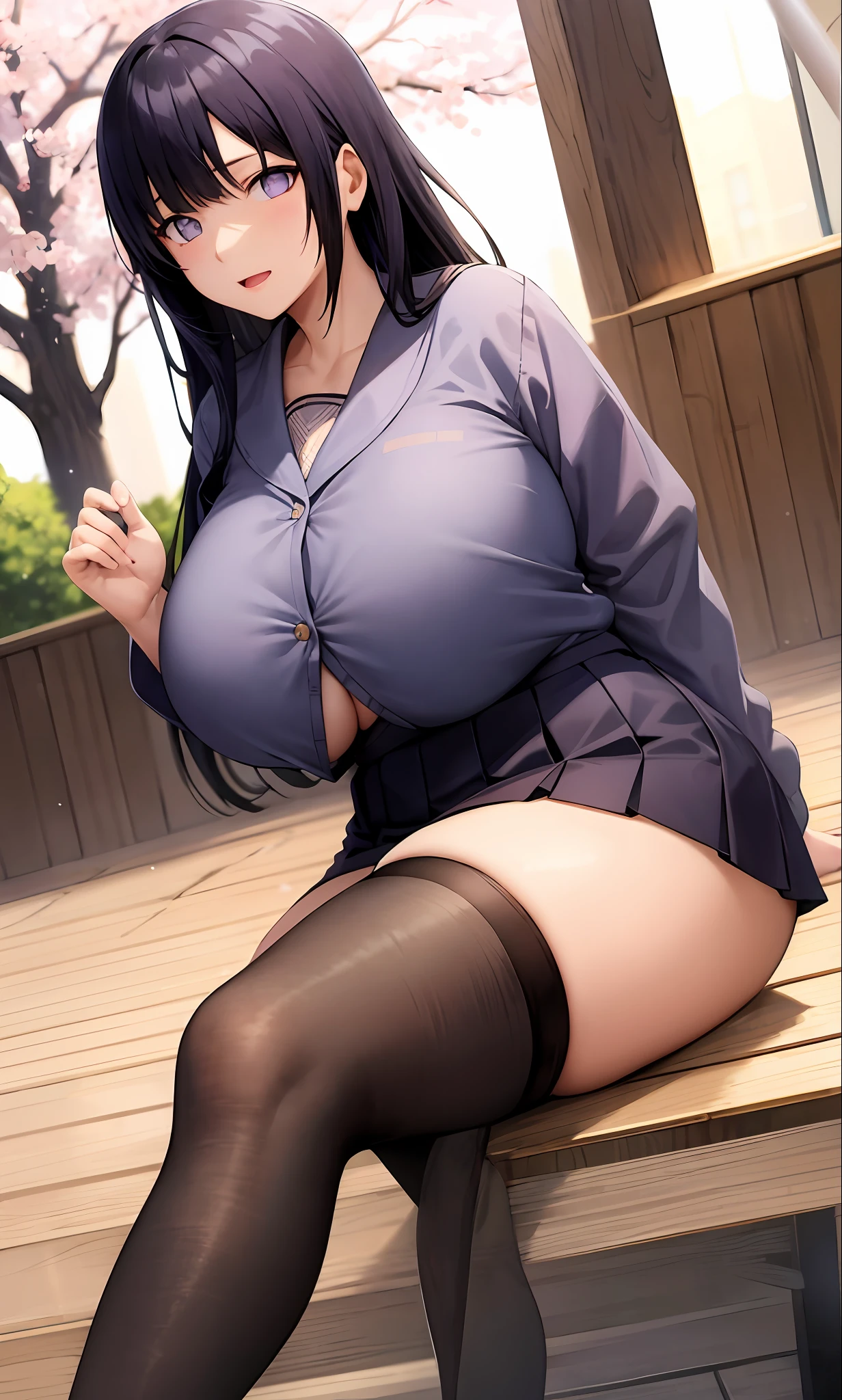 top-quality、​masterpiece、女の子1人、8K、Cherry blossom background,thighs thighs thighs thighs,Black tights,校服,student clothes,huge tit,a short skirt,Hinata Hyuga,darkblue hair
