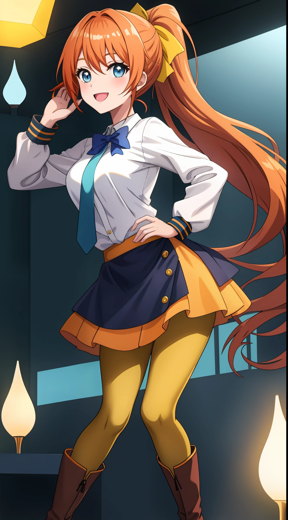 An anime girl with long orange hair tied up in a ponytail by a lught blue bow, wearing a white collared shirt with a light blue tie and a stylish yellow jacket with long sleeves. She has a vibrant yellow skirt paired with black leggings and vibrant white boots. She is senisitive but alos empathetic towards othes. Petite, hourglass figure, large chested. She is smiling in the shot. The scene takes place in a university.