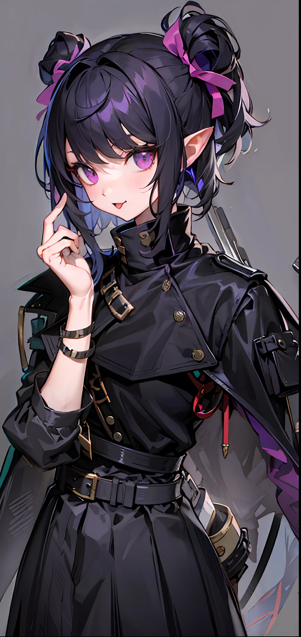 black-haired mage, anime moe art style, Detailed key anime art, detailed anime character art, 1girl，simplebackground，black facemask，halfupdo,SideBraid,short detailed hair，Purple eyes,Black hair,Separate tongues,Tongue out,Pull the mask by hand，black over-the-knee socks，Fang,Pupil of the slit,wind coat,Skirt,Scarf, mitts, leg belt, arm belt, hair pin, cropped shoulders,Long gloves,Hair Bow,Pointy ears,Snake tail