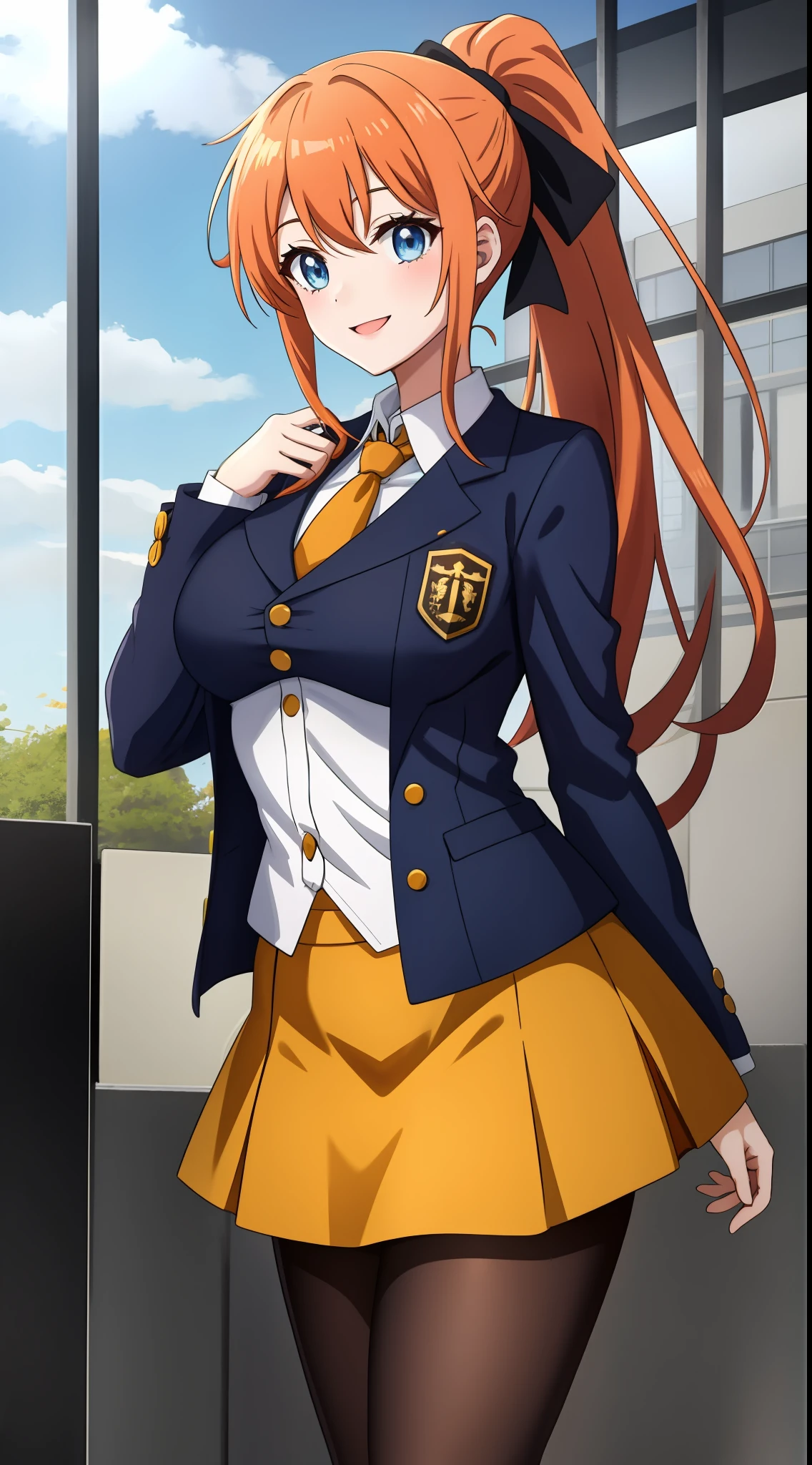 An anime girl with long orange hair tied up in a ponytail by a lught blue bow, wearing a white collared shirt with a light blue tie and a stylish yellow jacket with long sleeves. She has a vibrant yellow skirt paired with black leggings and vibrant white boots. She is senisitive but alos empathetic towards othes. Petite, hourglass figure, large chested. She is smiling in the shot. The scene takes place in a university.