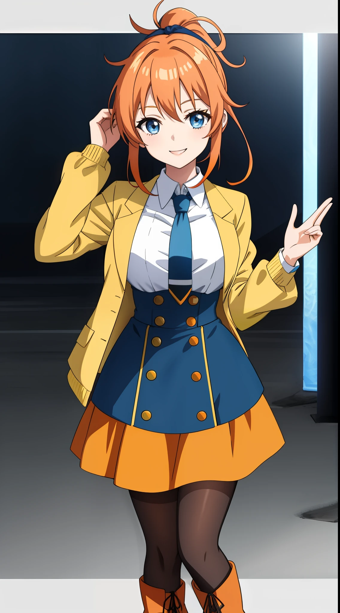 An anime girl with long orange hair tied up in a ponytail by a lught blue bow, wearing a white collared shirt with a light blue tie and a stylish short yellow jacket with long sleeves. She has a vibrant yellow skirt paired with black leggings and vibrant white boots. She is senisitive but alos empathetic towards othes. Petite, hourglass figure, large chested. She is smiling in the shot. The scene takes place in a university.