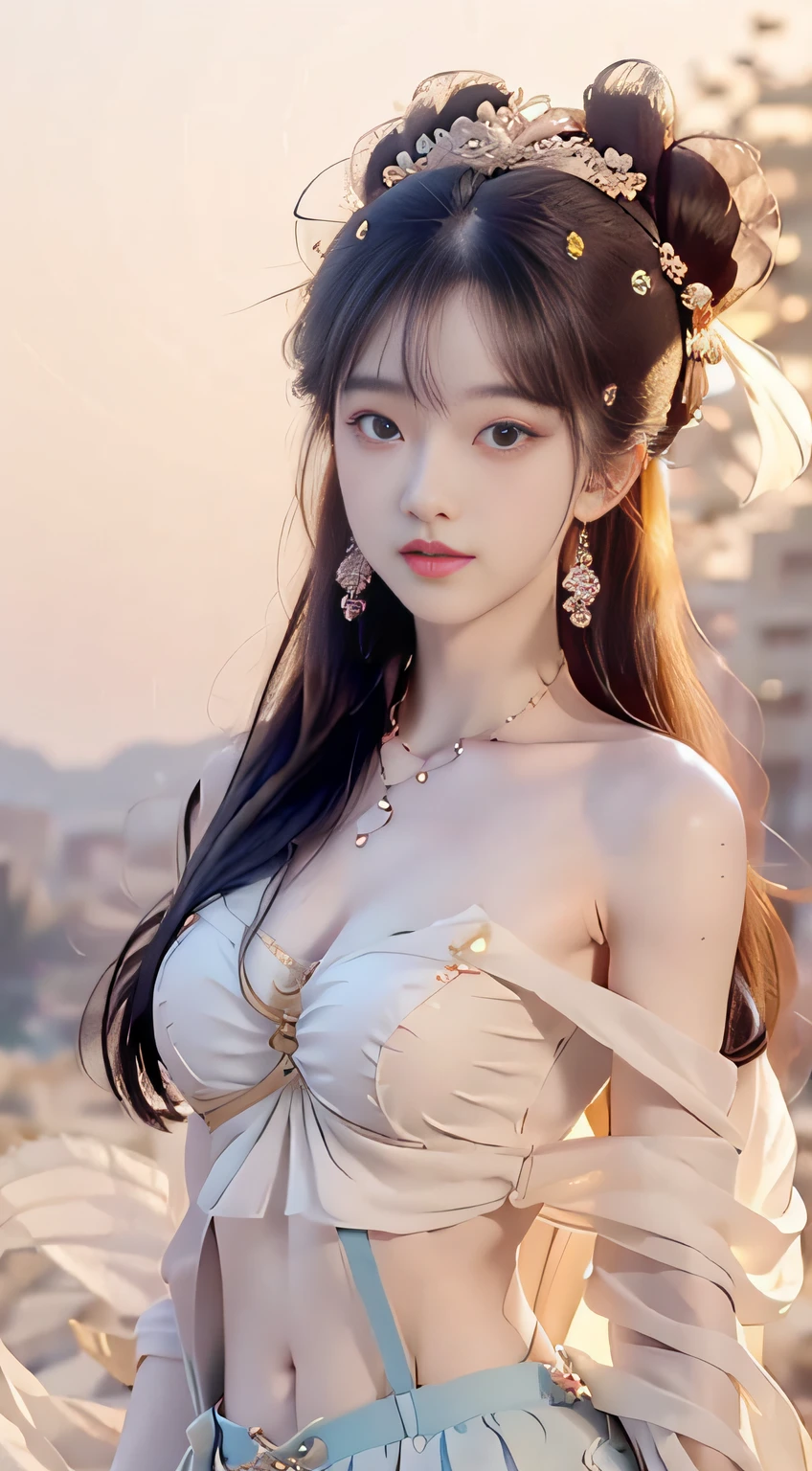 Bust photo, face close-up, face shot, a beautiful woman, messy hair, girly, symmetrical bun, hair accessories, jewelry, delicate face, (suspenders: 1.5), (high split lower skirt 1.7), (many patterns: 1.5), crop navel, open belly, Dunhuang style, a lot of streamers, delicate skin, soft light effect, delicate and smooth hair, delicate details, eye highlights, fair skin, fine portrayal, extreme details, cinematic quality, thin, slender, broken, hair details, thin bangs, shawl hair, right body, shadow, air bangs, 8K, super fine, fine fabric texture, soft, smooth, smooth texture, ((Dunhuang style)) )))), delicate patterns, correct hand painting,