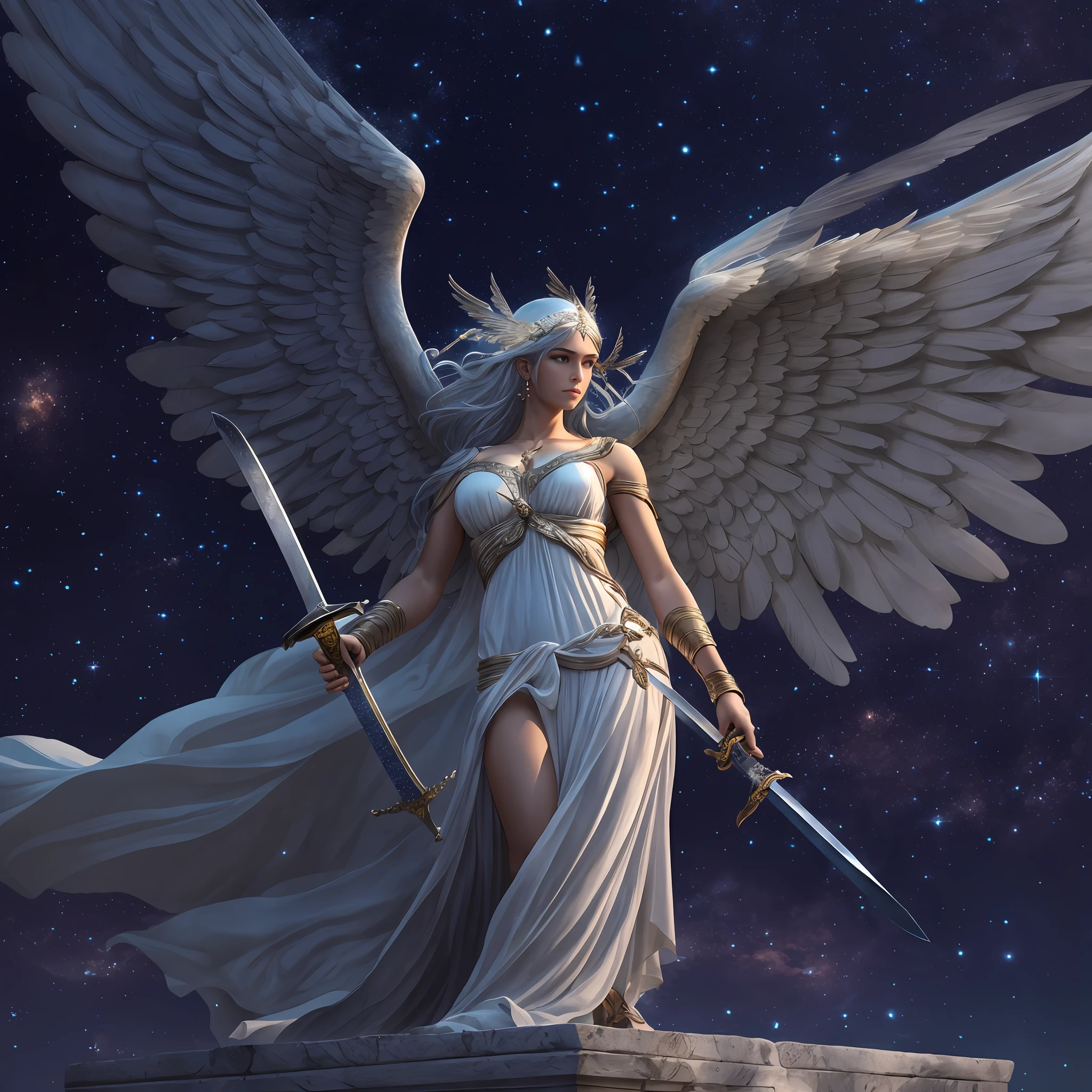 winged greek goddess of wrath and punishment, Nememis, with silver hair, in long greek toga, cool beauty, looks strict and ruthless, ((holds sword)), flying with wing in starry sky, Greek Mythology, solemn atmosphere, description of ultrra-accurate hands, photorealistic, super detail, masterpiece, best quality, highres, 8k