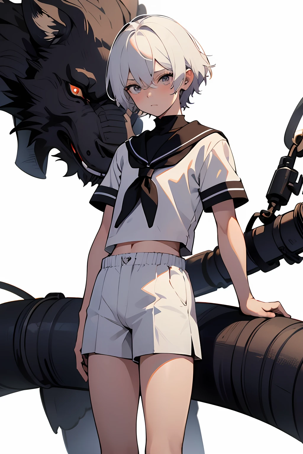 4k, masterpiece, high quality, 8k, high quality details, soft dull lighting, floating particles, white background, pale skin, long white hair, 1boy, short white hair, shota, black eyes, sailor, sailor uniform, short shorts, tiny shorts, young shorts, sad, dull face, thighs exposed, androgynous, boyish, male, masculine, young, short, very short, very young, school boy, deep blush, sweating, thick thighs, bulge, pants bulge, hair, hair