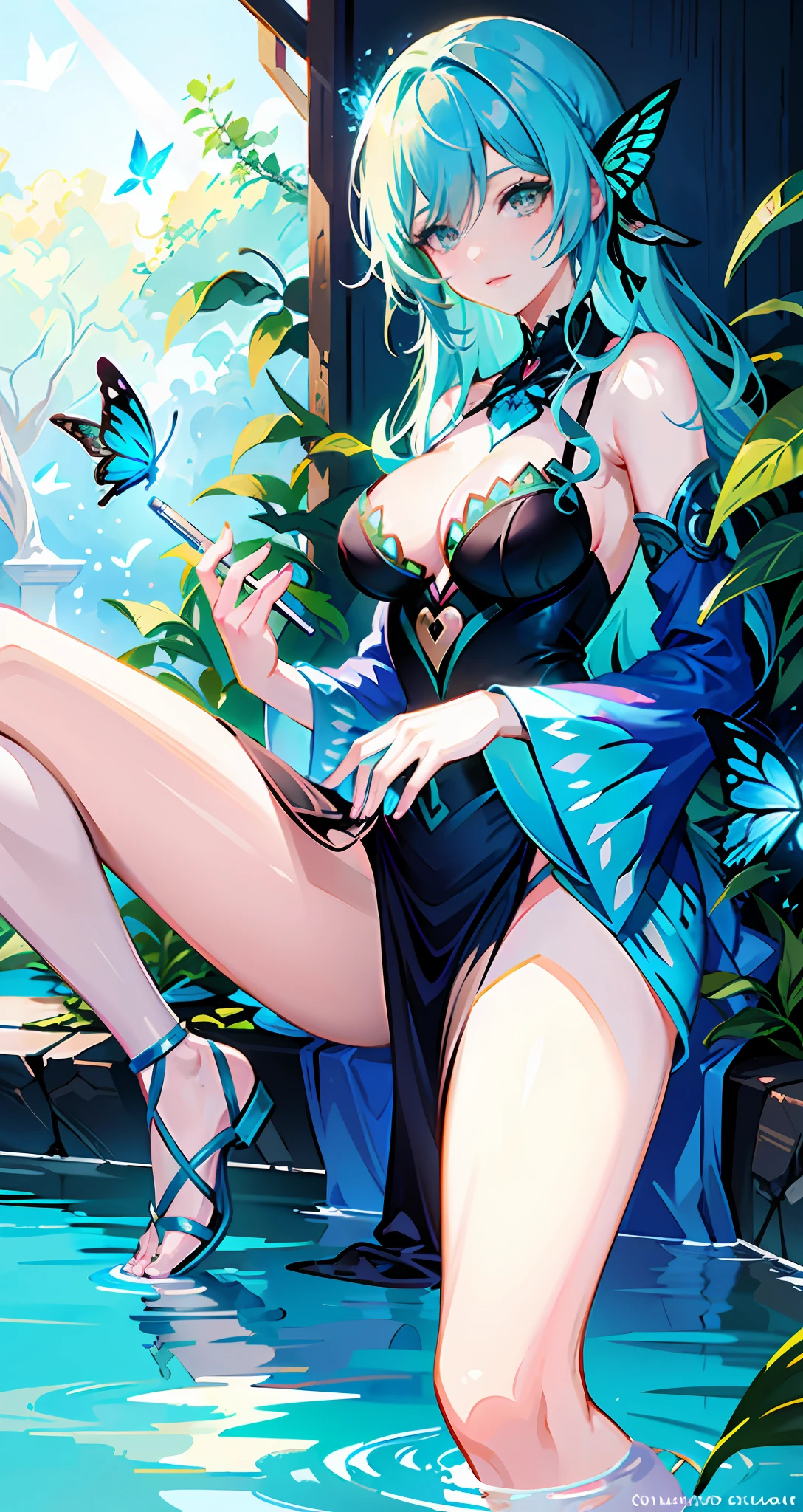 Anime girl with blue hair and butterflies on her head looking at her phone, Artgerm and Atey Ghailan, Extremely detailed Artgerm, ! There is a green hair，Woman with butterfly wings on her head, Ross Tran 8 K, Loish et WLOP, In the style of Ross Tran, Beautiful digital artwork, inspired by Ross Tran, beautiful fantasy art, Fantasy art style, loish and ross tran, Deviantart ArtStation CGSCOSIETY, Guviz-style artwork，watercolor paiting，Light green vs light blue，Create a cool atmosphere，Romantic light，Soft and shiny，Summer water lamp effect。Splash ink，Epic exquisite butterfly art，Amazing butterfly art