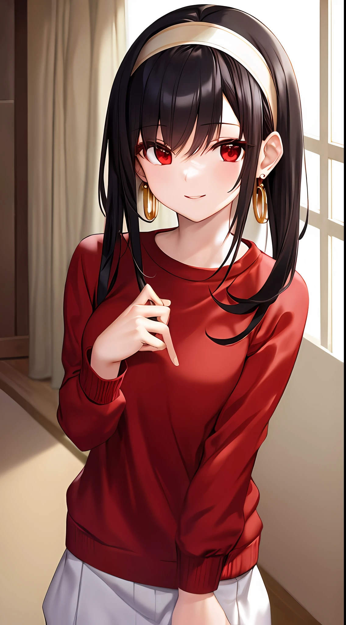 (masterpiece, best quality), solo, red sweater, red eyes, black hair, short hair with long locks, white hairband, gold earrings, smile, happy, best quality, indoors, [focus],