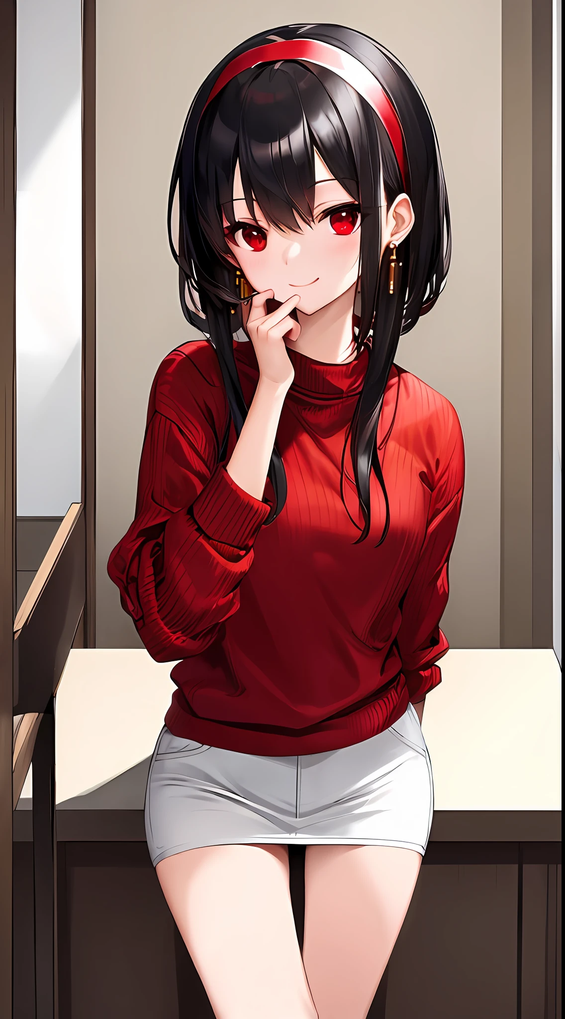 (masterpiece, best quality), solo, red sweater, red eyes, black hair, short hair with long locks, white hairband, gold earrings, smile, happy, best quality, indoors, [focus],