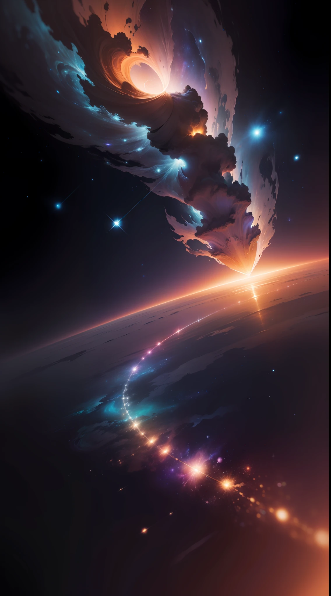 "Create a visually stunning wallpaper titled 'Celestial Serenity.' This artwork should portray a mesmerizing night sky that transcends earthly limitations, revealing a realm of celestial wonders. The vast backdrop must showcase an ethereal galaxy stretching across the expanse, adorned with shimmering stars of various sizes and hues, glistening like cosmic diamonds.
Include a resplendent nebula gracefully weaving through the scene, casting vivid hues of deep blues, vibrant purples, and celestial pinks. The tendrils of the nebula should delicately embrace the stars, alluding to the mystical forces of creation that govern the universe.
In the foreground, place an awe-inspiring celestial body radiating an enchanting glow, illuminating the surrounding space. It could be a distant planet, an undiscovered moon, or a fantastical celestial object born from the depths of the artist's imagination.
Within this cosmic beauty, incorporate a lone astronaut suspended in space, dressed in a futuristic suit that reflects the illumination of the celestial body. The astronaut's visor should offer a glimpse of their expression, capturing the sense of wonder and awe at the universe's splendor.
At the bottom of the artwork, add a serene cosmic ocean that stretches towards the horizon, reflecting the glimmering stars above. Gentle ripples of light should play upon its surface, contributing to an overall sense of tranquility.
The composition of the wallpaper should inspire viewers with a spirit of cosmic exploration, wonder, and peace. The blend of space's mystique and the lone astronaut's presence aims to encourage contemplation of their place in the vastness of the universe and the profound interconnectedness of all beings.