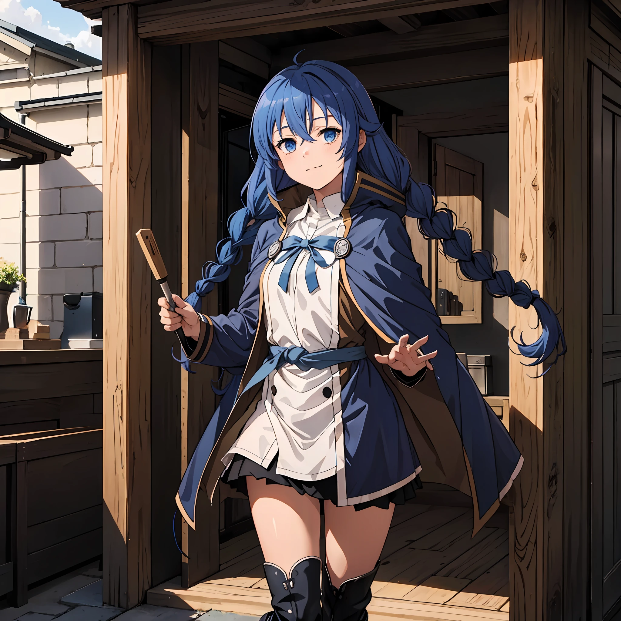 1girl in, Roxy Migurdia, Witch Hat, Blue eyes, Blue hair, Twin braids, Twin-tailed, (Brown coat:1.1), Cape, robe, braided ponytails, knee boots, Witch, Holding, , Black socks, Hair Ribbon, bow ribbon, Looking at Viewer, sox, Smile, Closed mouth, plein air, Sun,, (masutepiece:1.2), hight resolution, Best Quality, 8K, Very Very Clear