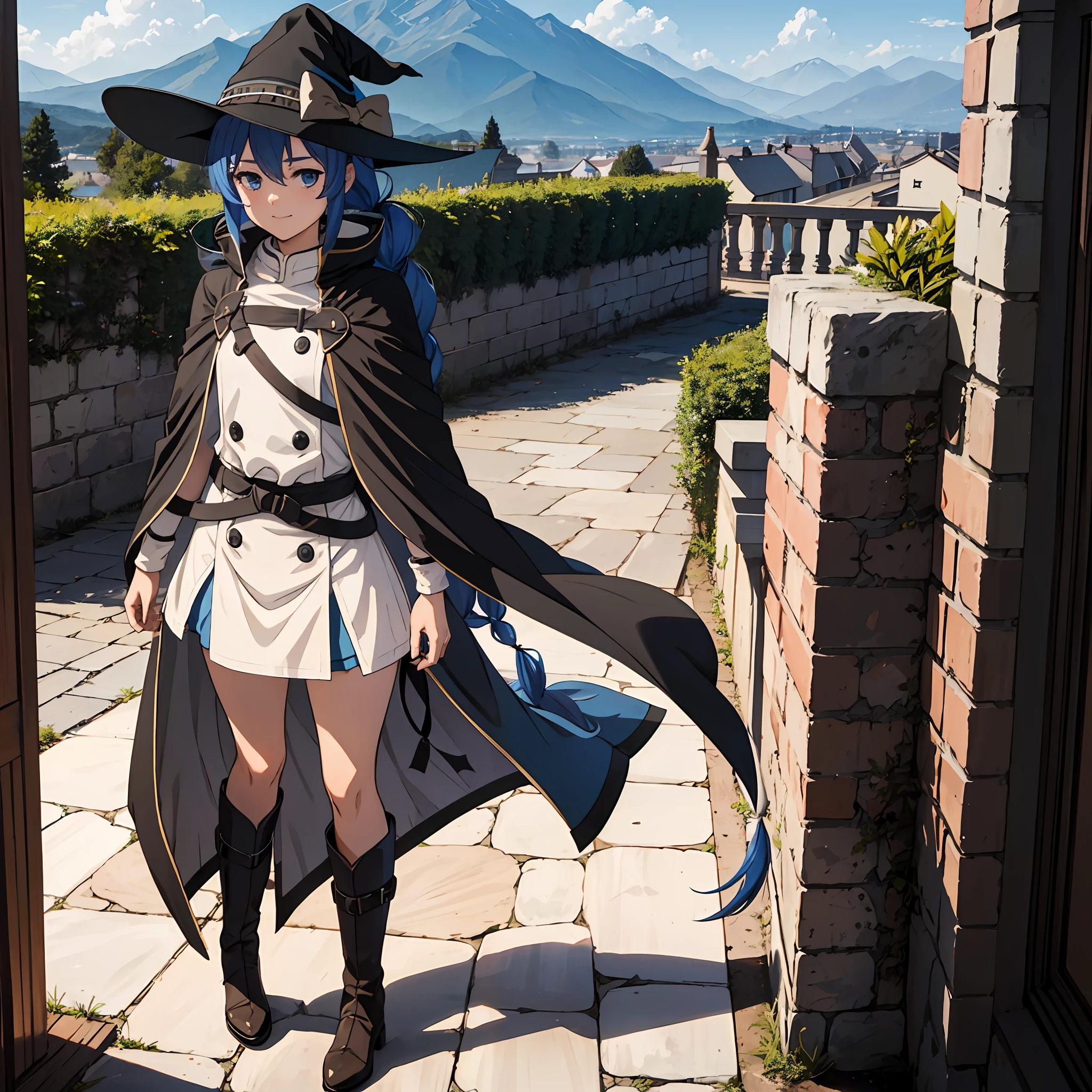 1girl in, Roxy Migurdia, Witch Hat, Blue eyes, Blue hair, Twin braids, Twin-tailed, (Brown coat:1.1), Cape, robe, braided ponytails, knee boots, Witch, Holding, , Black socks, Hair Ribbon, bow ribbon, Looking at Viewer, sox, Smile, Closed mouth, plein air, Sun,, (masutepiece:1.2), hight resolution, Best Quality, 8K, Very Ming