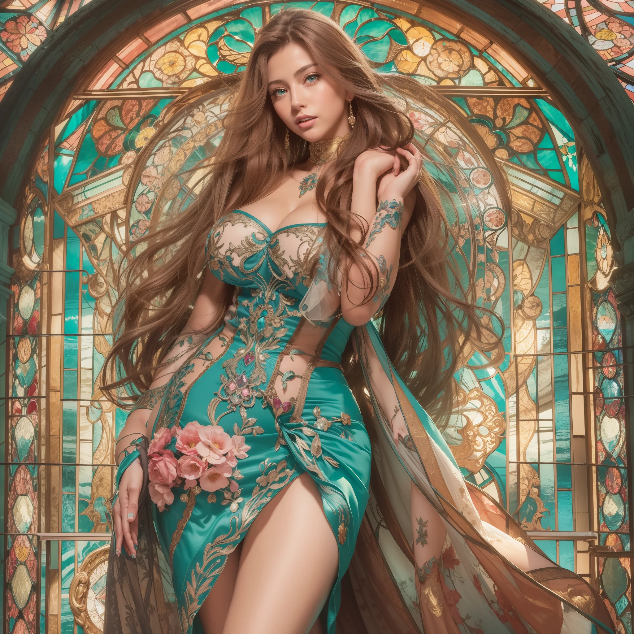 (masterpiece), (best quality), (ultra-detailed), (masterpiece:1.2), best quality), (ultra-detailed), realistic, illustration, beautiful woman, long hair, brown hair, beautiful eyes detail, (teal eyes), (beautiful stained glass dress), large breasts, high heels, smile, parted lips, full and defined body, thick thighs detailed body, dress with sexy short pink langerie.