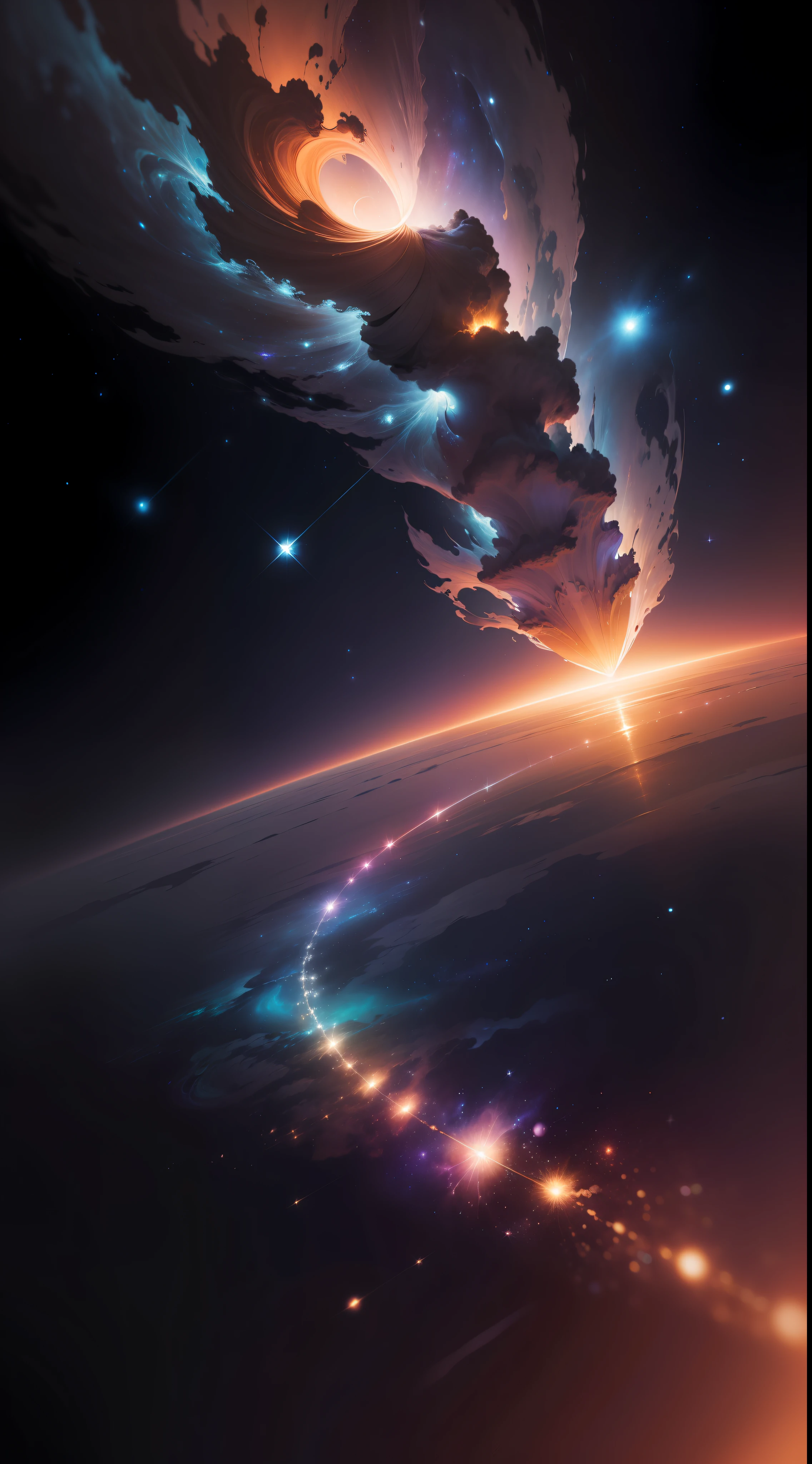 "Create a visually stunning wallpaper titled 'Celestial Serenity.' This artwork should portray a mesmerizing night sky that transcends earthly limitations, revealing a realm of celestial wonders. The vast backdrop must showcase an ethereal galaxy stretching across the expanse, adorned with shimmering stars of various sizes and hues, glistening like cosmic diamonds.

Include a resplendent nebula gracefully weaving through the scene, casting vivid hues of deep blues, vibrant purples, and celestial pinks. The tendrils of the nebula should delicately embrace the stars, alluding to the mystical forces of creation that govern the universe.

In the foreground, place an awe-inspiring celestial body radiating an enchanting glow, illuminating the surrounding space. It could be a distant planet, an undiscovered moon, or a fantastical celestial object born from the depths of the artist's imagination.

Within this cosmic beauty, incorporate a lone astronaut suspended in space, dressed in a futuristic suit that reflects the illumination of the celestial body. The astronaut's visor should offer a glimpse of their expression, capturing the sense of wonder and awe at the universe's splendor.

At the bottom of the artwork, add a serene cosmic ocean that stretches towards the horizon, reflecting the glimmering stars above. Gentle ripples of light should play upon its surface, contributing to an overall sense of tranquility.

The composition of the wallpaper should inspire viewers with a spirit of cosmic exploration, wonder, and peace. The blend of space's mystique and the lone astronaut's presence aims to encourage contemplation of their place in the vastness of the universe and the profound interconnectedness of all beings.