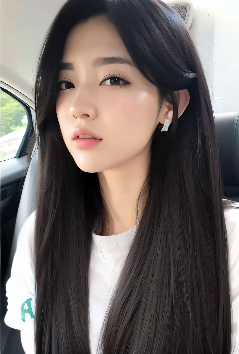 a close up of a woman with long hair wearing a white shirt, She has black hair,By bangs, white hime cut hairstyle, hime-cut, wan adorable korean face, ulzzangs, white long straight hair, black hime cut hair, long free black straight hair, bae suzy, She has black hair, with straight black hair, --auto