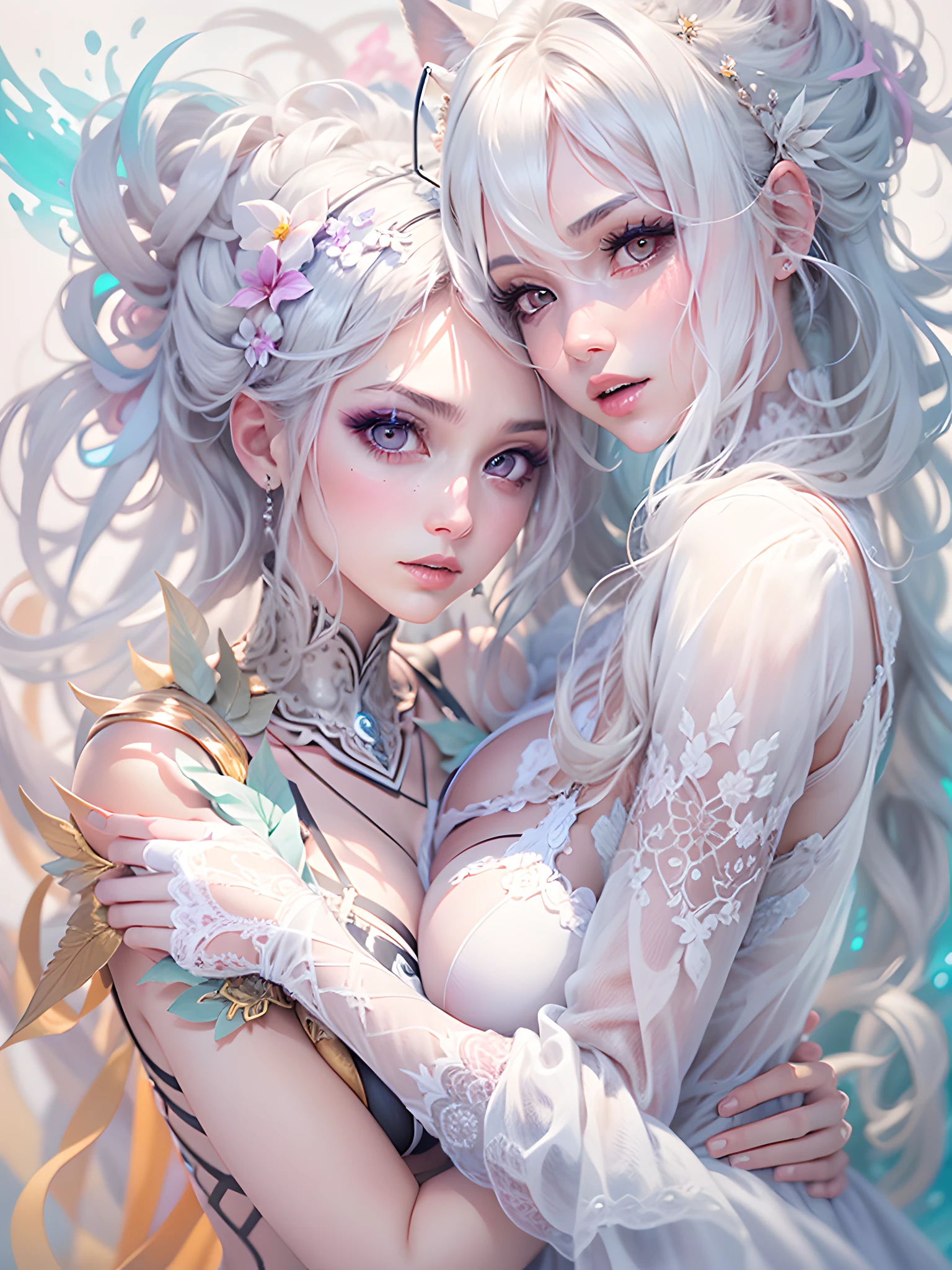 Masterpiece,Best quality,2girls,full-body view,White hair,Bright eyes,Purple pupils,Sagging big breasts,areola of breast,huge tit,very detail eyes,Details of the hair,symetry,Aesthetics,Ambiguously hugging each other,Ambiguous,homosexuality,Wearing translucent silk,Bar art,Volumetriclighting,optics,optics,Unity 8k壁纸,Painting competition excellent art,offcial art,Midjourney Art