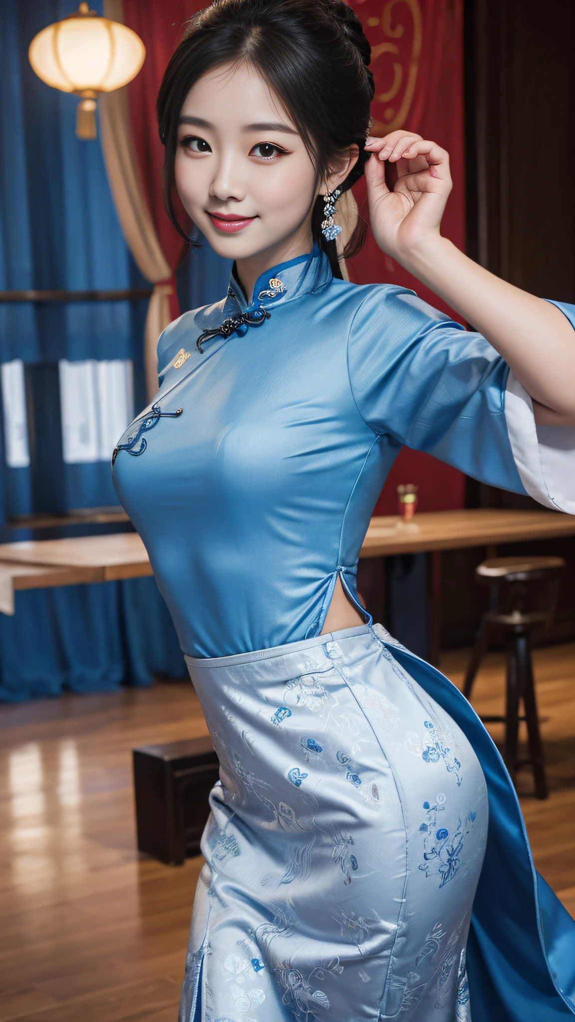 （Women in traditional Chinese style）,（Blue cheongsam: 1.2）, Dance, posing elegantly, Light smile, Verism, angle of view, hyper HD, Super detail, Best quality, 8K, 4K