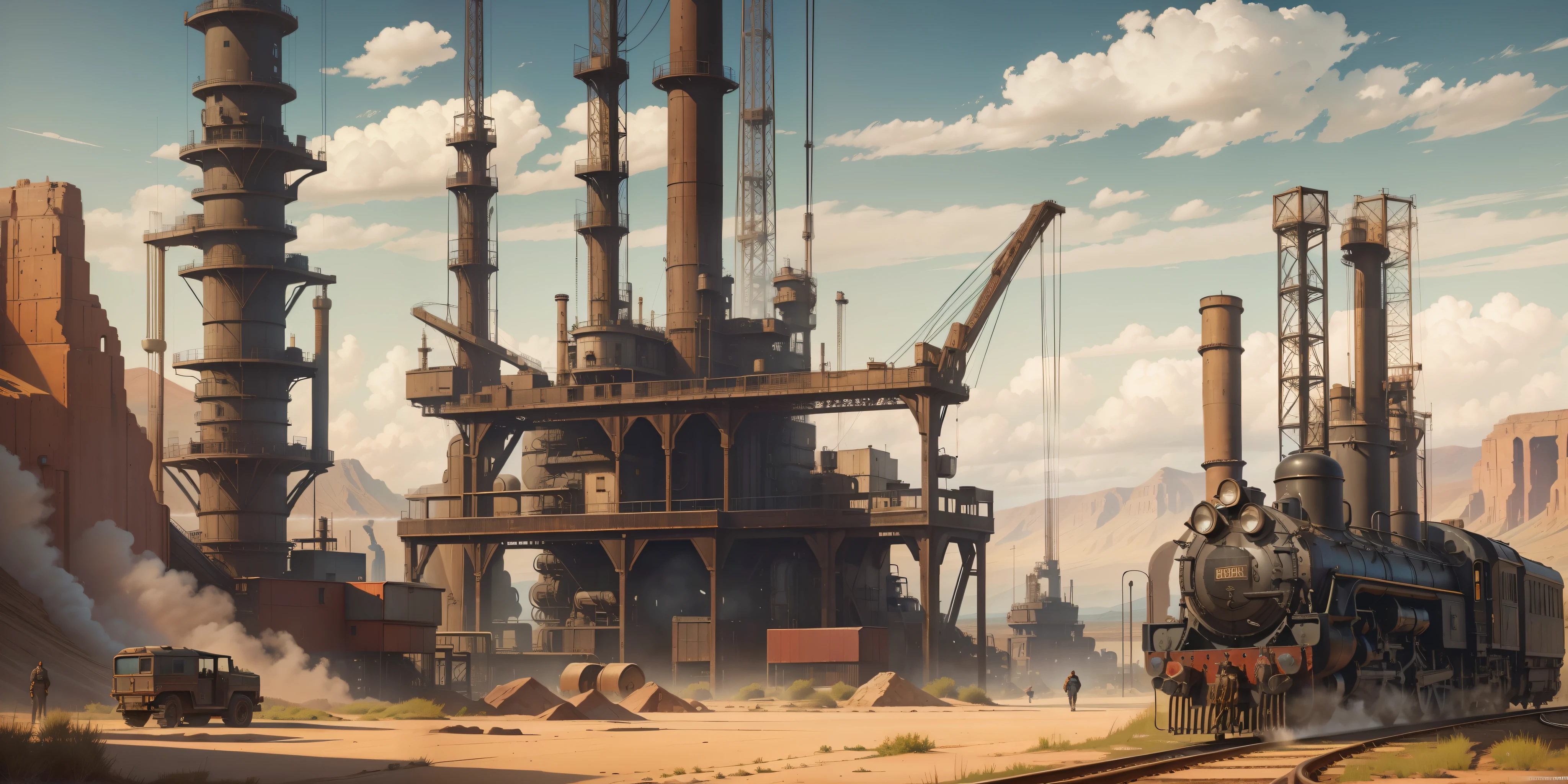 Faraway view,Wide screen,European and American illustration style,Westworld,Game scene concept art,desolated,Oil exploration,Oil rigs,pipelines,Modern scene,Small towns,railroad tracks,Steam trains,Towering chimneys,gigantic mountains,Dry meadow,Skysky,High-quality paintings,GameCG,Game concept art,3A masterpiece,ultraclear,8K