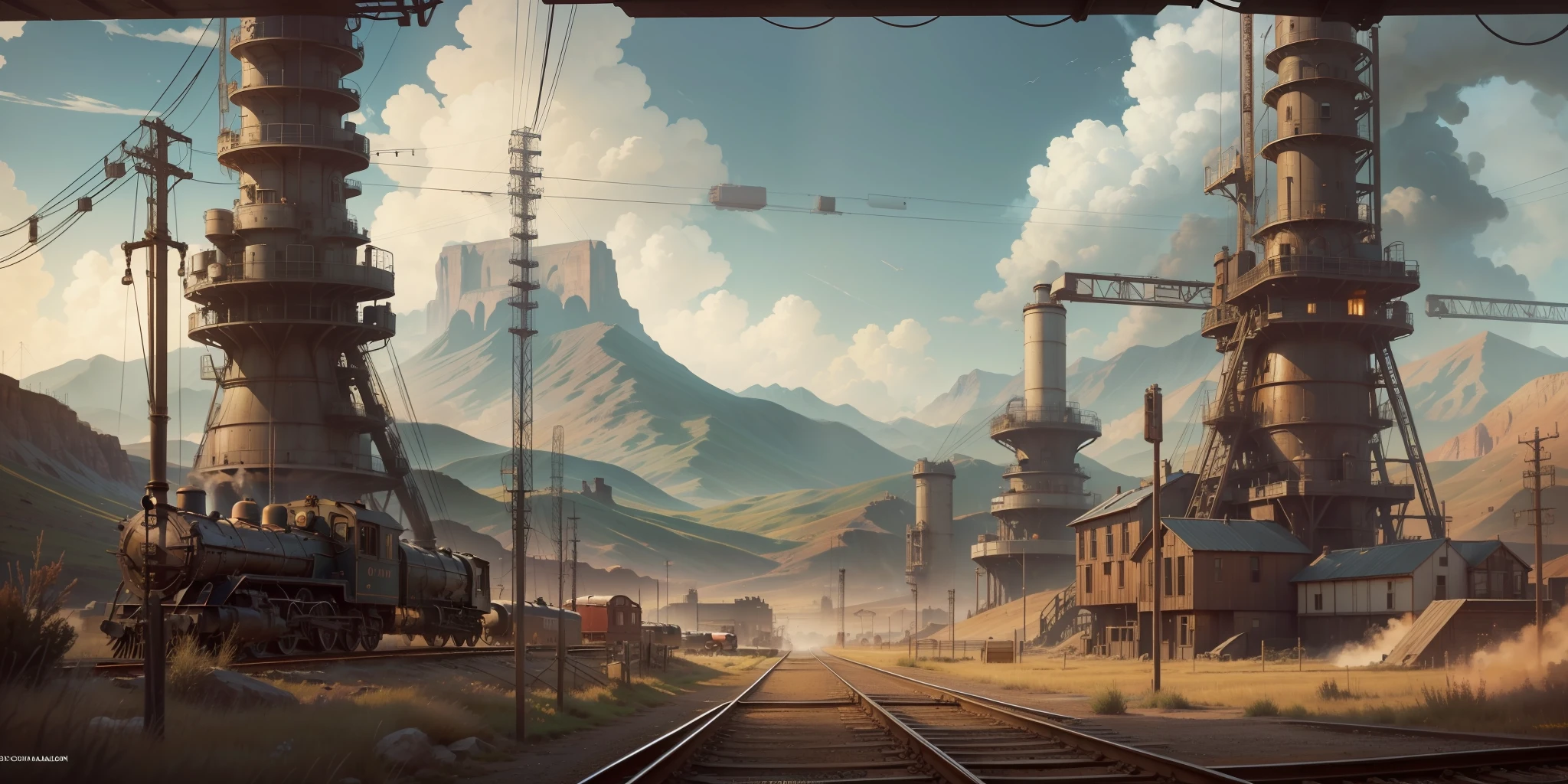 Faraway view,Wide screen,European and American illustration style,Westworld,Game scene concept art,desolated,Oil exploration,Oil rigs,pipelines,Modern scene,Small towns,railroad tracks,Steam trains,Towering chimneys,gigantic mountains,Dry meadow,Skysky,High-quality paintings,GameCG,Game concept art,3A masterpiece,ultraclear,8K