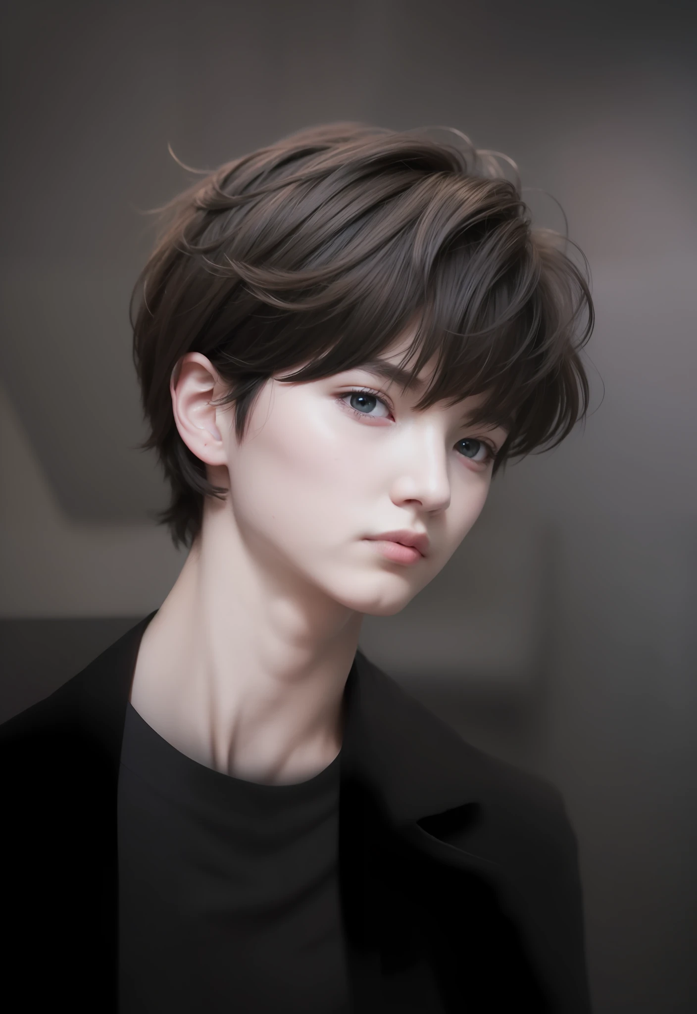 1boy, black jacket, black shirt, brown hair, dark blue eyes, realistic, ultra detail, baby face