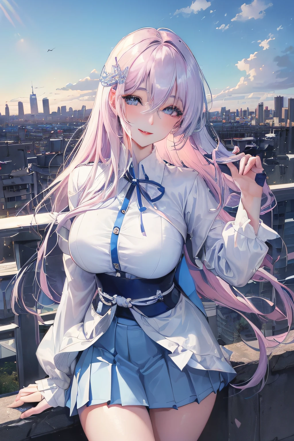 official art, masterpiece, sharp focus, (beautiful gorgeous cute Korean woman:1.3), (beautiful cute korean:1.3), korean beauty, Delicate and beautiful hair and eyes and face, realistic, ultra detailed, beautiful girl, blue sky, glow white particle, (sidelighting:1.2), sun light, white cloud, detailed clouds, slender, Lovely very large breasts and very large hips, smile with teeth, ((smile with eyes, open both eyes)), scenery, long straight hair, sexy facial expression, building, (cityscape:1.7), dynamic hair, long straight hair, detailed platinum pink hair, glow blue eyes, (blue pleated shirts + white skirt), white long socks, pale skin, hair ornament, epic scenery,