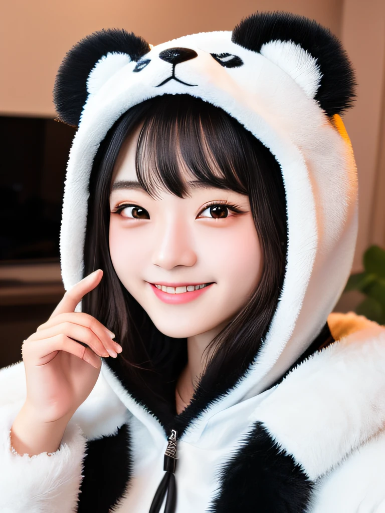If you look at the audience、18year old、Cute girl、no-makeup、真实感、photos realistic、Professional color correction、8K、F2.4 aperture、35mm lens、Lifelike face、Cute panda costume、a smile、livingroom