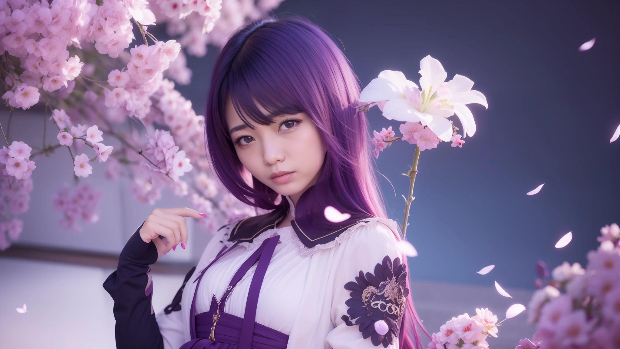 Ultra detail, 1 girl, asia girl, realistic, adult female, purple hair