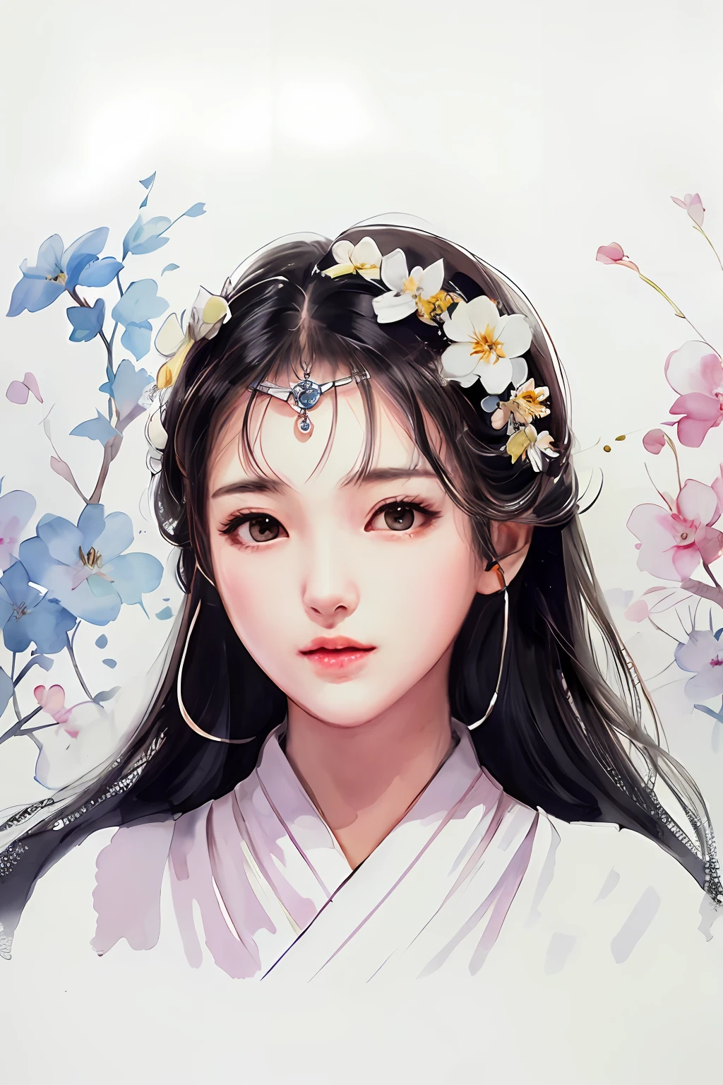 stechu,(white background:1.4), ((tachi-e)), original,(illustration:1.1),(best quality),(masterpiece:1.1),(extremely detailed CG unity 8k wallpaper:1.1), (colorful:0.9),(panorama shot:1.4),(solo:1.2), (ink splashing),(color splashing),((watercolor)), clear sharp focus,{ 1girl standing },((korean style )),flower background,outdoors,rocks, looking at viewer, make happy expressions,soft smile,pure,beautyfull detailed face and eyes,beautyfull intricacy clothing decorative pattern details, black hair,black eyes,colorwater