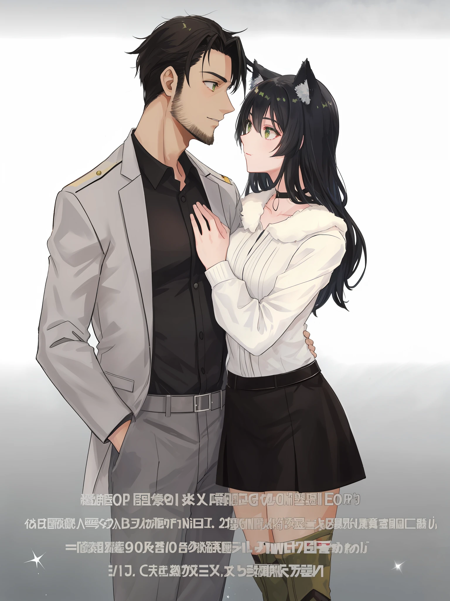 couple, embracing, (mature male) with black hair, grey eyes, and (stubble), female with black hair, green eyes, and wolf ears, (((military outfit))), love, masterpiece, anime style, (cosmic background), stars, nebula