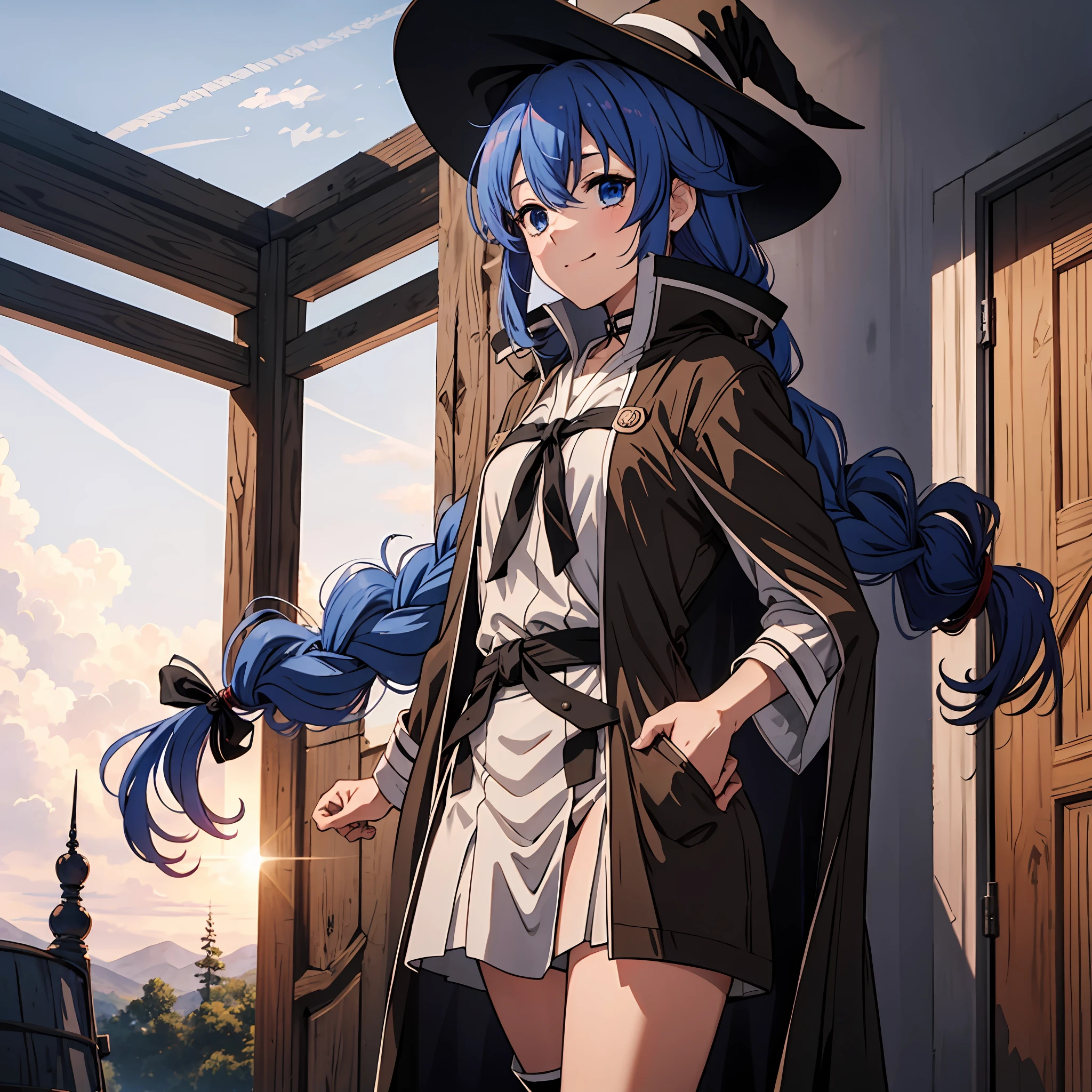 nsfw 1 girls, Roxy Migurdia, Witch Hat, Blue eyes, Blue hair, Twin braids, Twin-tailed, (Brown coat:1.1), Cape, robe, braided ponytails, knee boots, Witch, Holding, , Black socks, Hair Ribbon, bow ribbon, Looking at Viewer, sox, Smile, Closed mouth, plein air, Sun,, (masutepiece:1.2), hight resolution, Best Quality, 8K, Very Very Clear