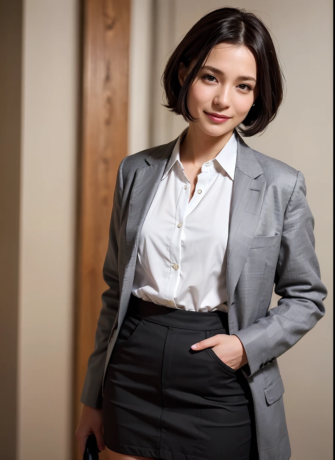 best quality, photorealistic, 8k, ((high res)), 1office lady, (skindentation), (portrait:0.5), gorgeous, ((nobody darkness refresh room:1.65)), ((grey jacket, dark grey skirt, brown pantyhorse, with white shirt)), straight-looking at viewer:1.8, (1girl eyes looking at viewer, short-length straighthair, black hair, updohair:1.75), grey suit, bring black business bag, photorealistic, (smile:1.2), (closed mouth:0.76), gorgeous, pureerosface_v1,