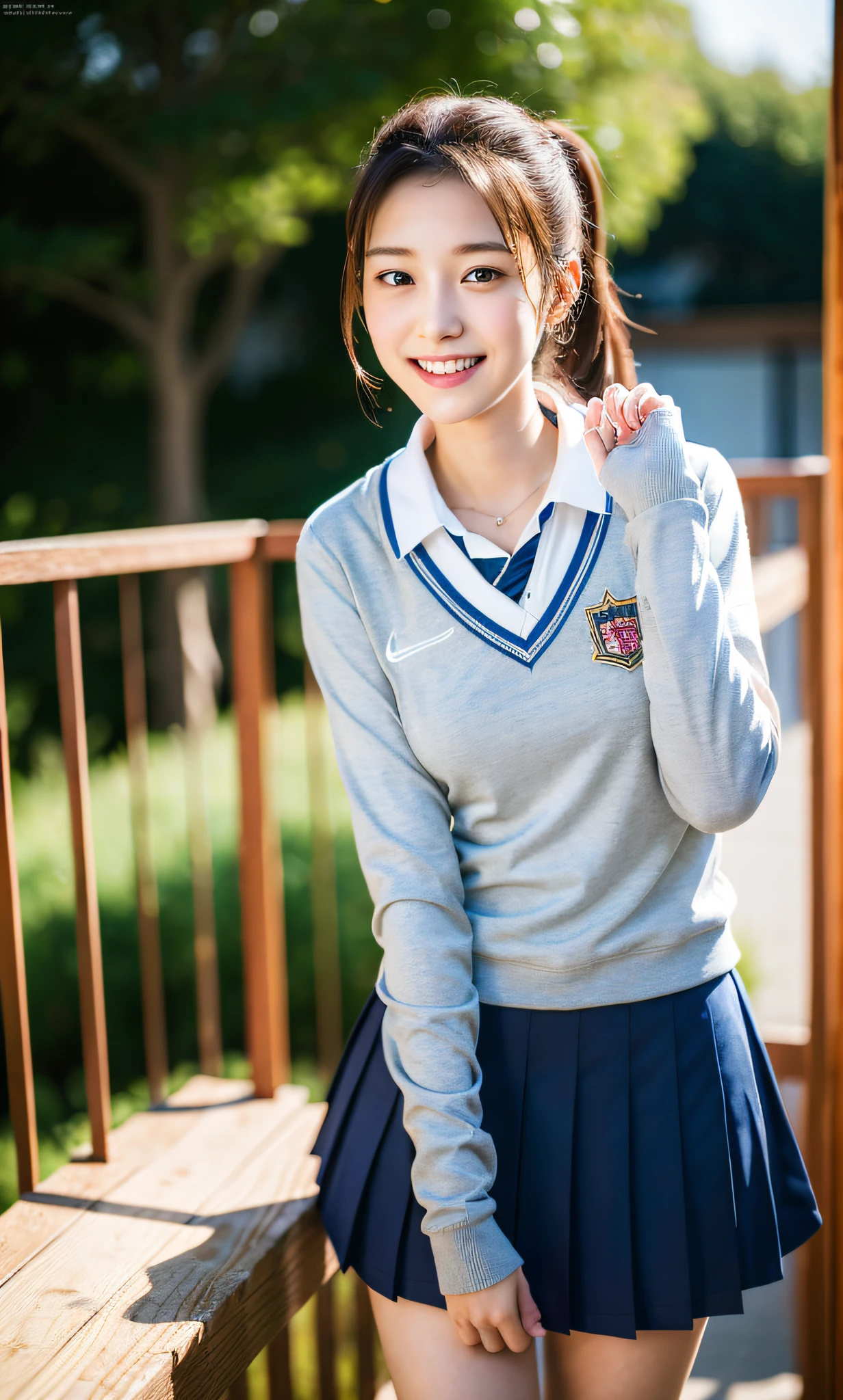 waving, slender legs, ponytail, unparalleled beauty, cute face, best smile, cute smile, frontal, slender, straight hair, school, ulzzang-6500-v1.1, (raw photo: 1.2), (photorealistic: 1.4), beautiful detailed girl, very detailed eyes and face, beautiful detailed eyes, huge file size, high resolution, very detailed, best quality, masterpiece, (( Japan Girls' High School Uniform)), very detailed, CG, 8k wallpaper, fantastic, fine detail, top quality, highly detailed CG uniform, light on face, movie lighting, girl,