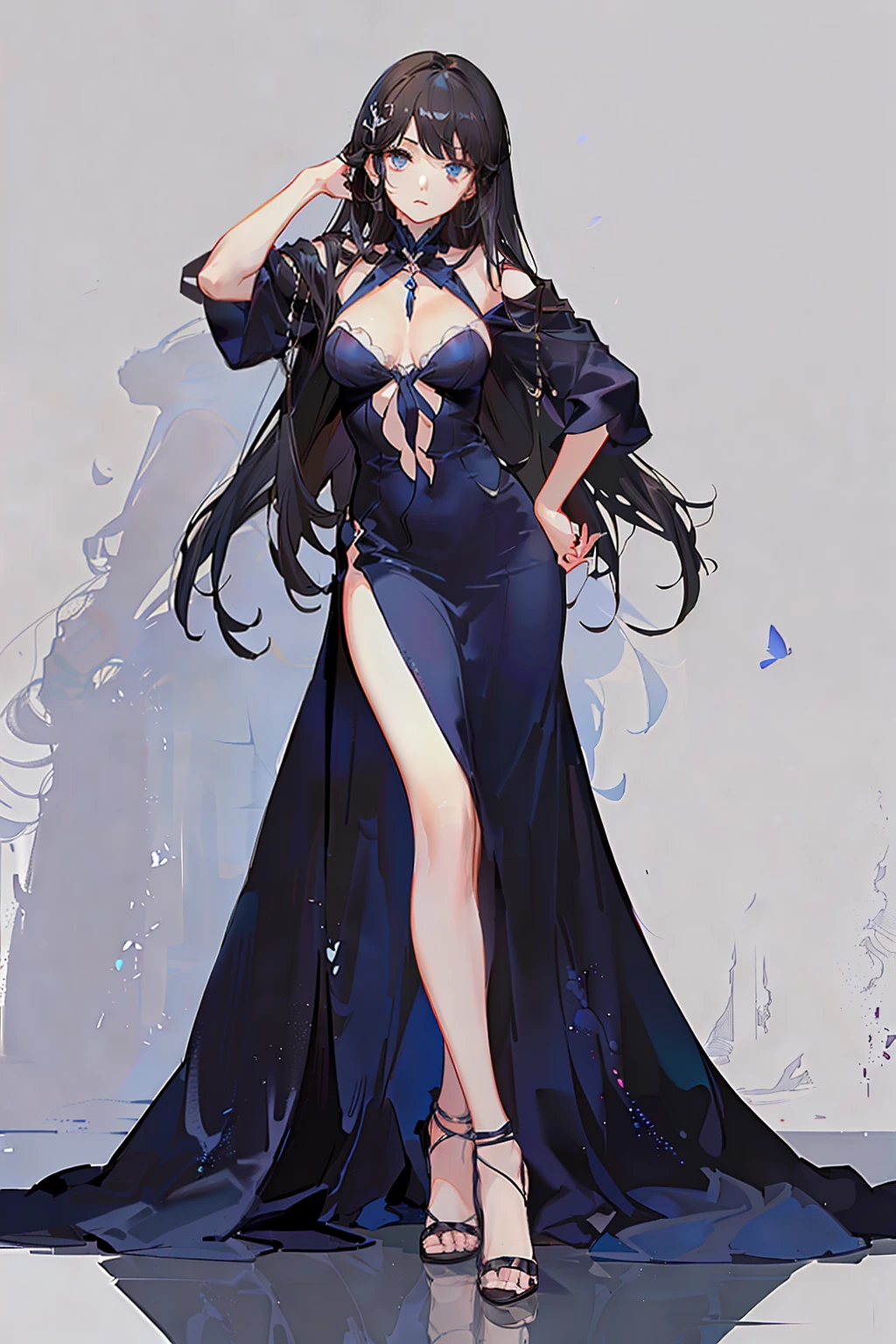 1 girl in、Long black hair、Dark-blue eyes、Delicat eyes、Dark blue mermaid dress、Dresses up to the feet、frilld、full bodyesbian、One hand on the hip、Lady Pose、Standing Picture、((Masterpiece Highest Quality:1.2)).(High resolution of the highest quality), [[bad face]], [[Fused fingers]], [[Multiple fingers]]