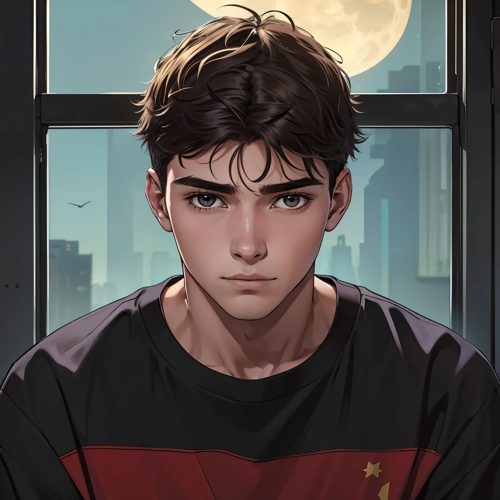 19-year-old boy with boy appearance, black eyes as dark as night, slightly messy hair of dark brown color almost black, rosto completamente convencido, Bastante familiar