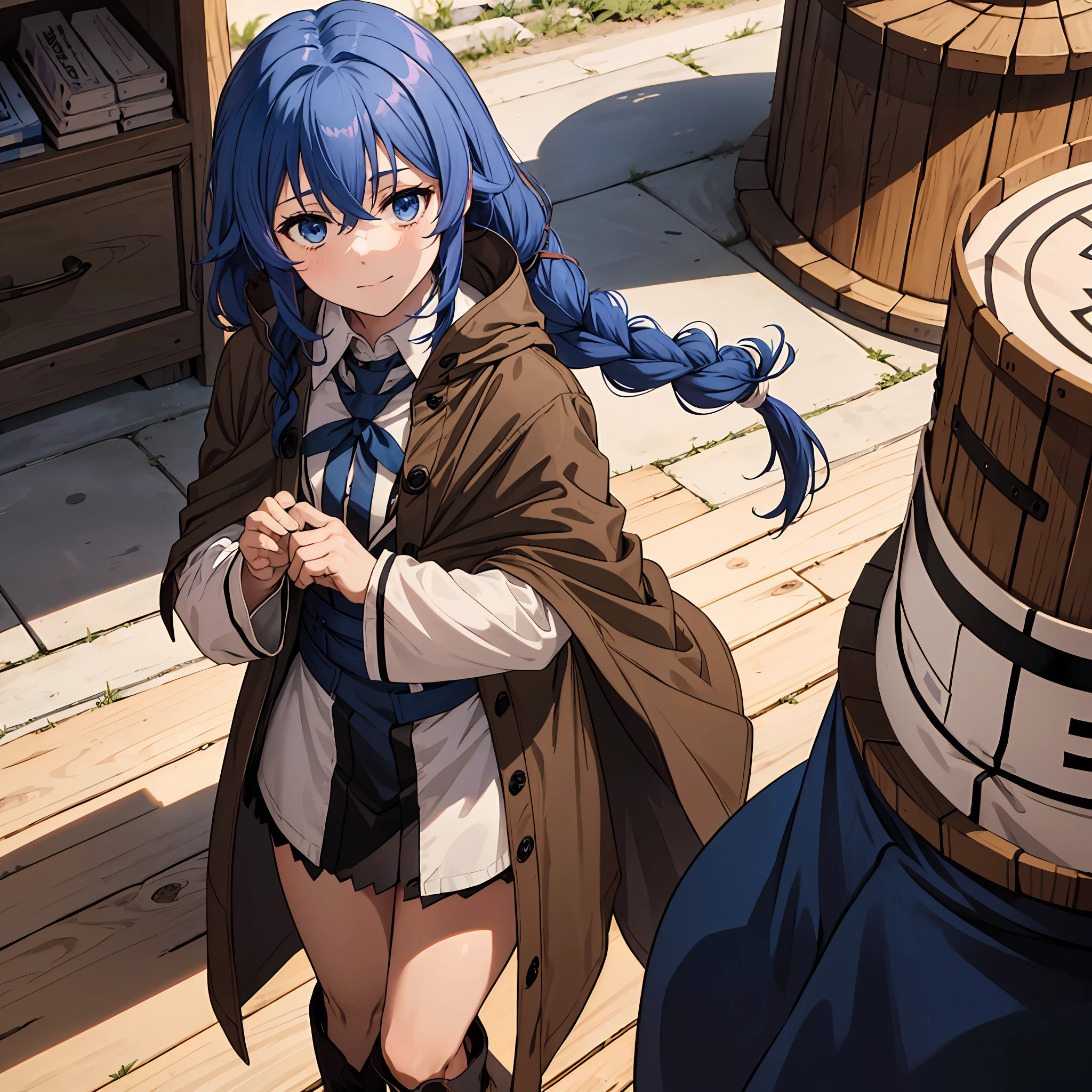 1girl in, Roxy Migurdia, Witch Hat, Blue eyes, Blue hair, twin braids, Twin-tailed, (Brown coat:1.1), Cape, robe, braided ponytails, knee boots, Witch, Holding, , Black socks, Hair Ribbon, bow ribbon, Looking at Viewer, sox, Smile, Closed mouth, plein air, Sun,, (masutepiece:1.2), hight resolution, Best Quality, 8K, Very Very Clear(((,crouching down　Panchira)))++　Beautiful legs 