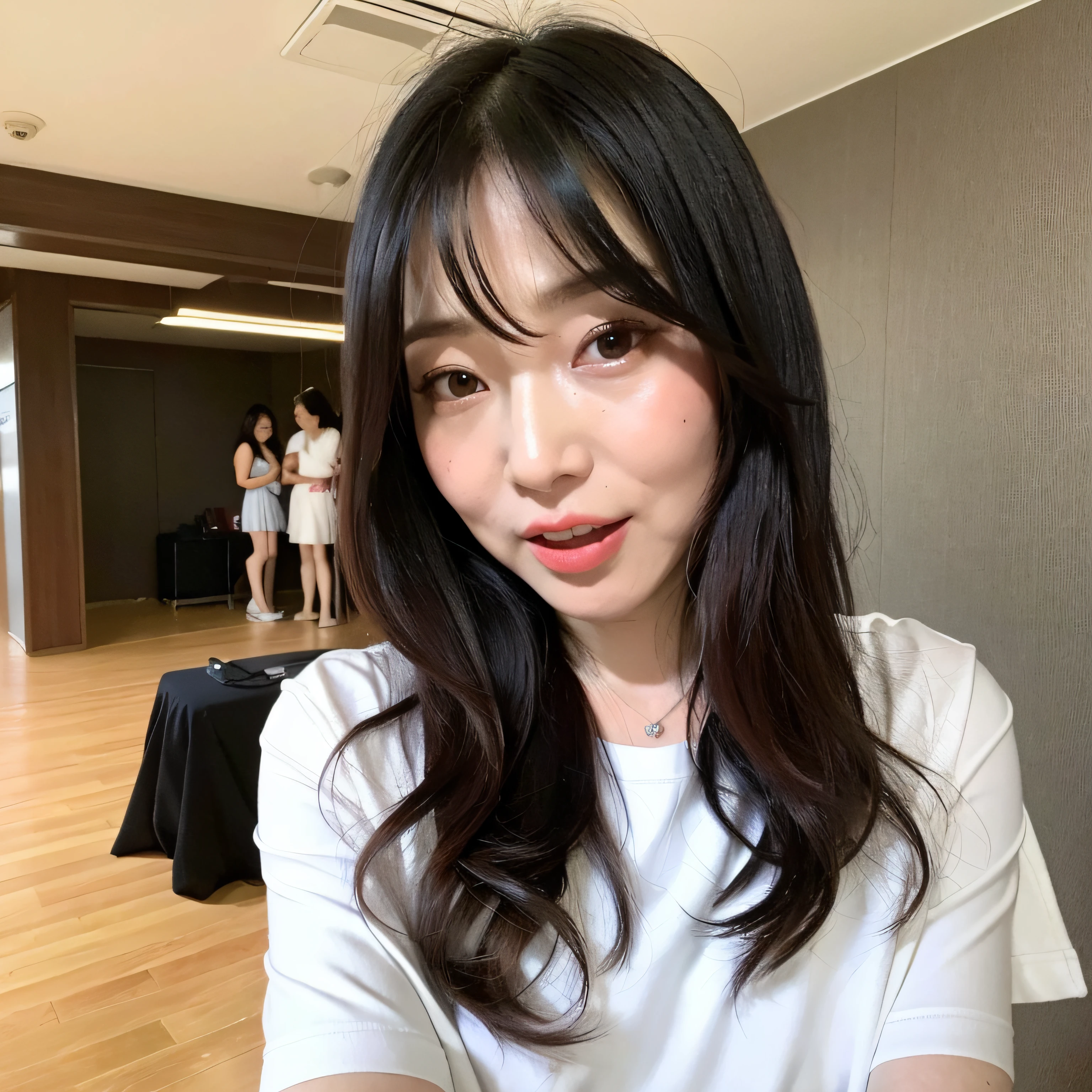 ((top-quality、8K、​masterpiece:1.3))、Photorealsitic, foco nítido, high-level image quality, hight resolution, Portrait, Solo, japanes, Middle-aged woman, Beautie, 65 years old, Plump, Wavy Hair, The shirt, a miniskirt, Wrinkles at the corners of the eyes, tongue, oguchi, larynx、Wrinkles on the face, tongue, oguchi、Mouth wide open and tongue sticking out、Open your mouth to the camera、Show the inside of the mouth、Hair is disheveled