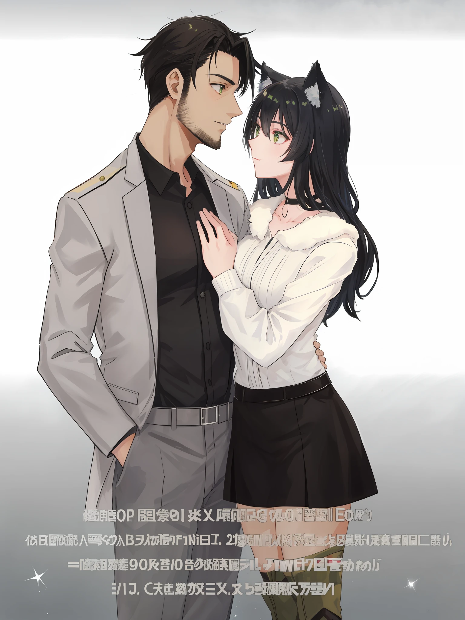 couple, embracing, (mature male) with black hair, grey eyes, and (stubble), female with black hair, green eyes, and wolf ears, (((military outfit))), love, masterpiece, anime style, (cosmic background), stars, nebula
