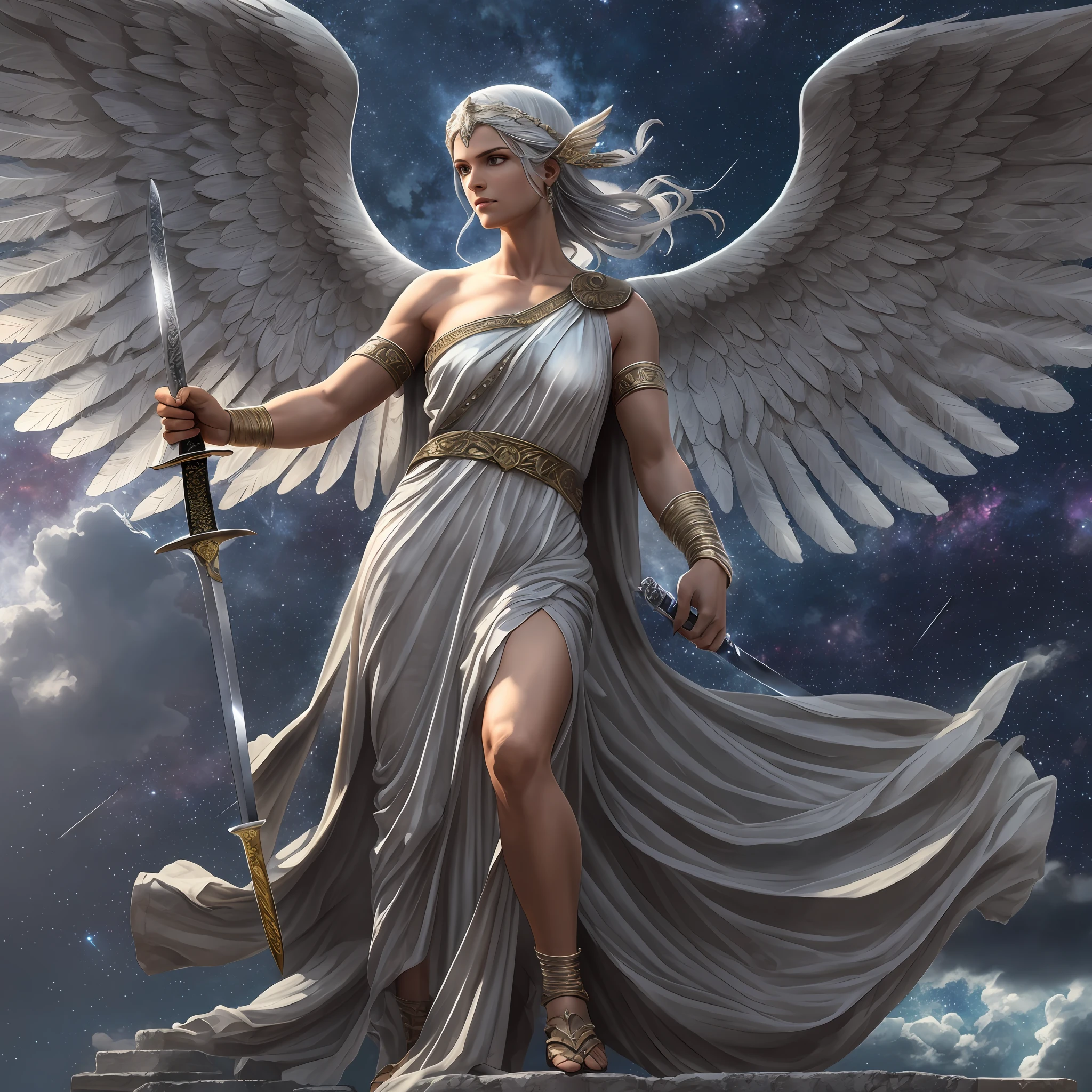 winged greek goddess of wrath and punishment, Nememis, with silver hair, in long greek toga, cool beauty, looks strict and ruthless, ((holds sword)), flying with wing in starry sky, Greek Mythology, solemn atmosphere, description of ultrra-accurate hands, photorealistic, super detail, masterpiece, best quality, highres, 8k