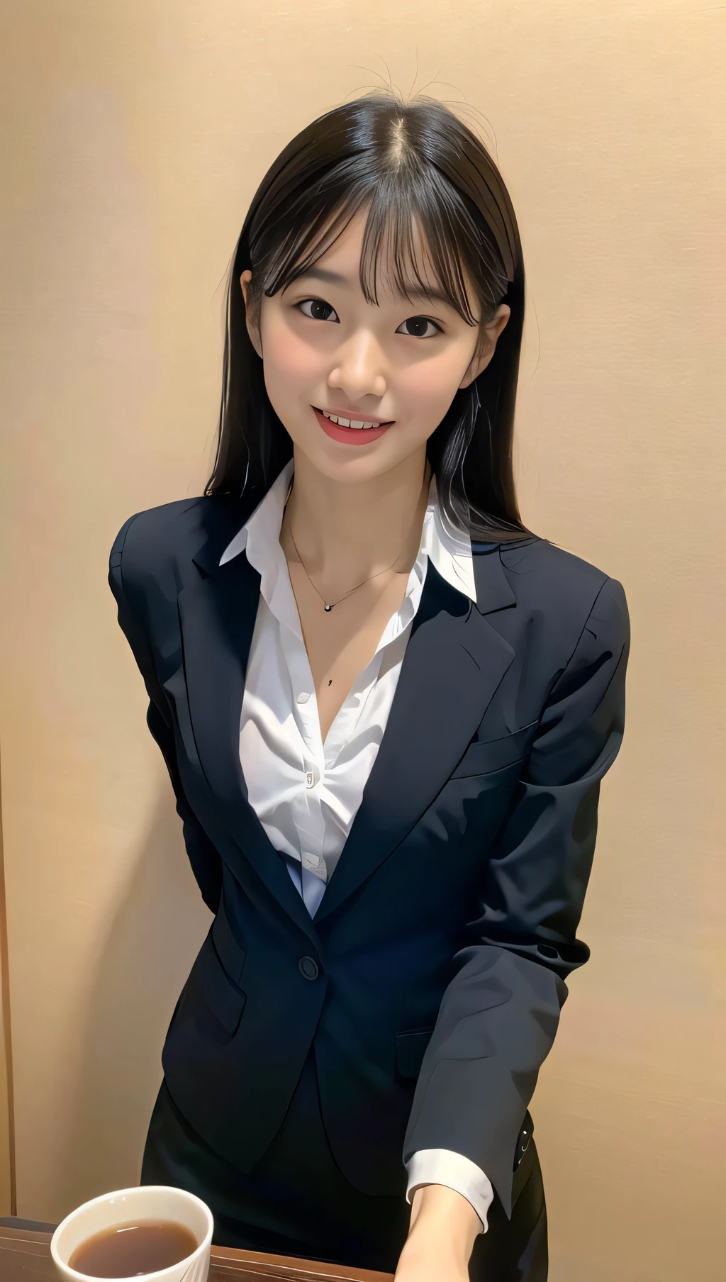 (Best quality, 8k, 32k, Masterpiece, UHD:1.2),Photo of Pretty Japanese woman,(detailed face:1.1), simple black suit, (looking at viewer:1.1),upper body,necklace,dress shirt,skirt,holding mug,reaching out,smile
