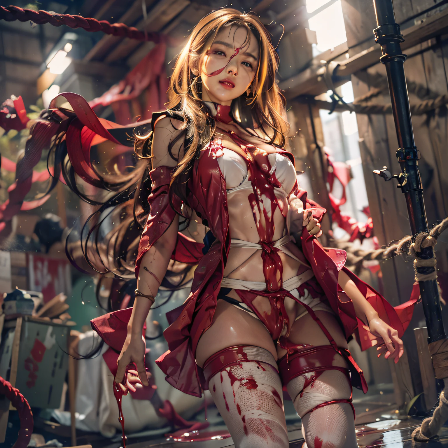 ((Masterpiece,Best quality,hyper-high detail)), inside a warehouse, On the beams, Rope binding, hang, face to the viewer, Asuka was hoisted, souryuu asuka langley, 27years old, beautiful charming, Textured skin, Interface headset, messy hair, long whitr hair, little breast, slender figures, Slender limbs, black reotard, Broken, There is blood on the body,hands raised overhead, Bind your hands, Hang your legs, Lift, Keep your feet off the ground, The mouth opens slightly, Saliva comes out of the corners of the mouth, Fluid flows out of the lower body, an look of enjoyment, Rope bondage, Cinematic lighting, Retina Screen, ((Fidelity:1.6)), ((sunshine on face, There is a red liquid on the ground, Liquid reflection, Feelings of abuse, Vaginal rundown))