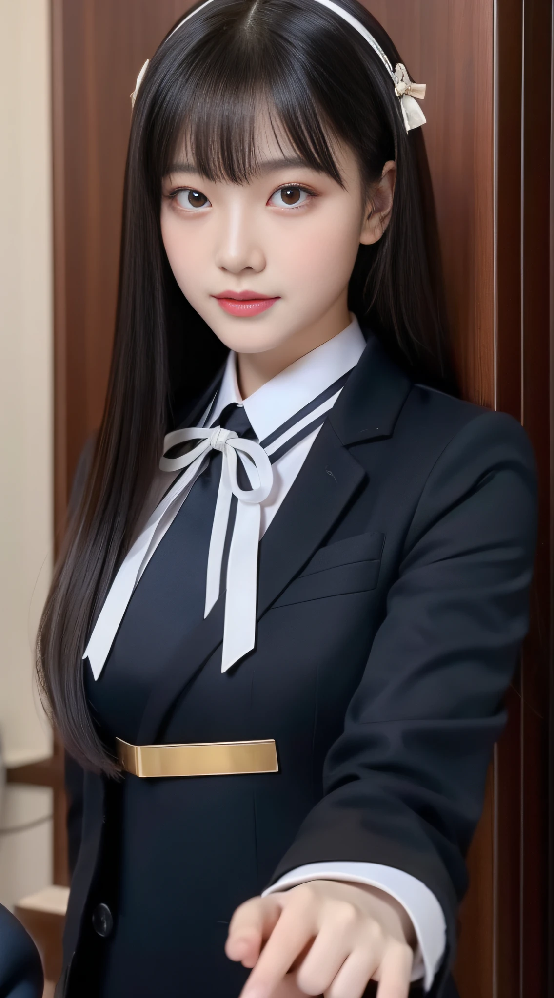 Beautiful beauty in uniform,one-girl,独奏,In ultra-high resolution pictures,Perfect display of delicate facial features and plump and attractive body,Wear a popular school uniform,Fitted with a delicate bow tie and heels,Teacher background,book case,Face the audience elegantly,It seems to transmit some mysterious power,It's fascinating,8K,