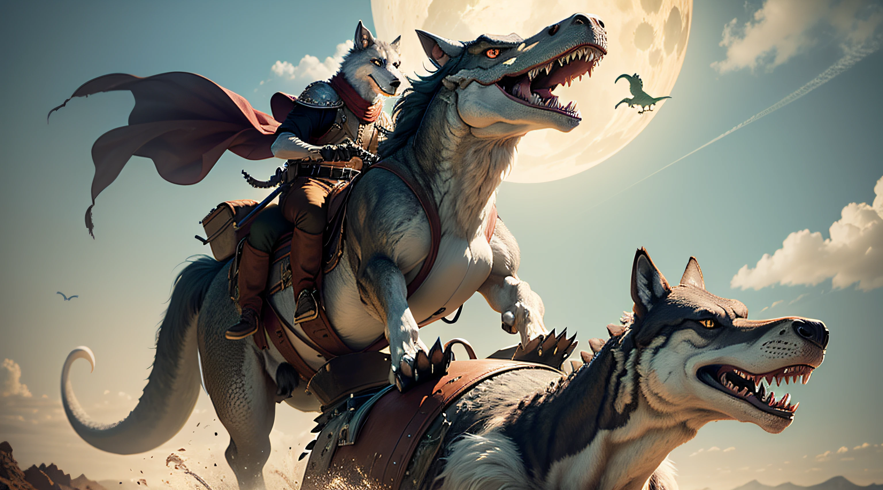 The wolf rides on the back of a dinosaur,Dinosaurs fight wolves