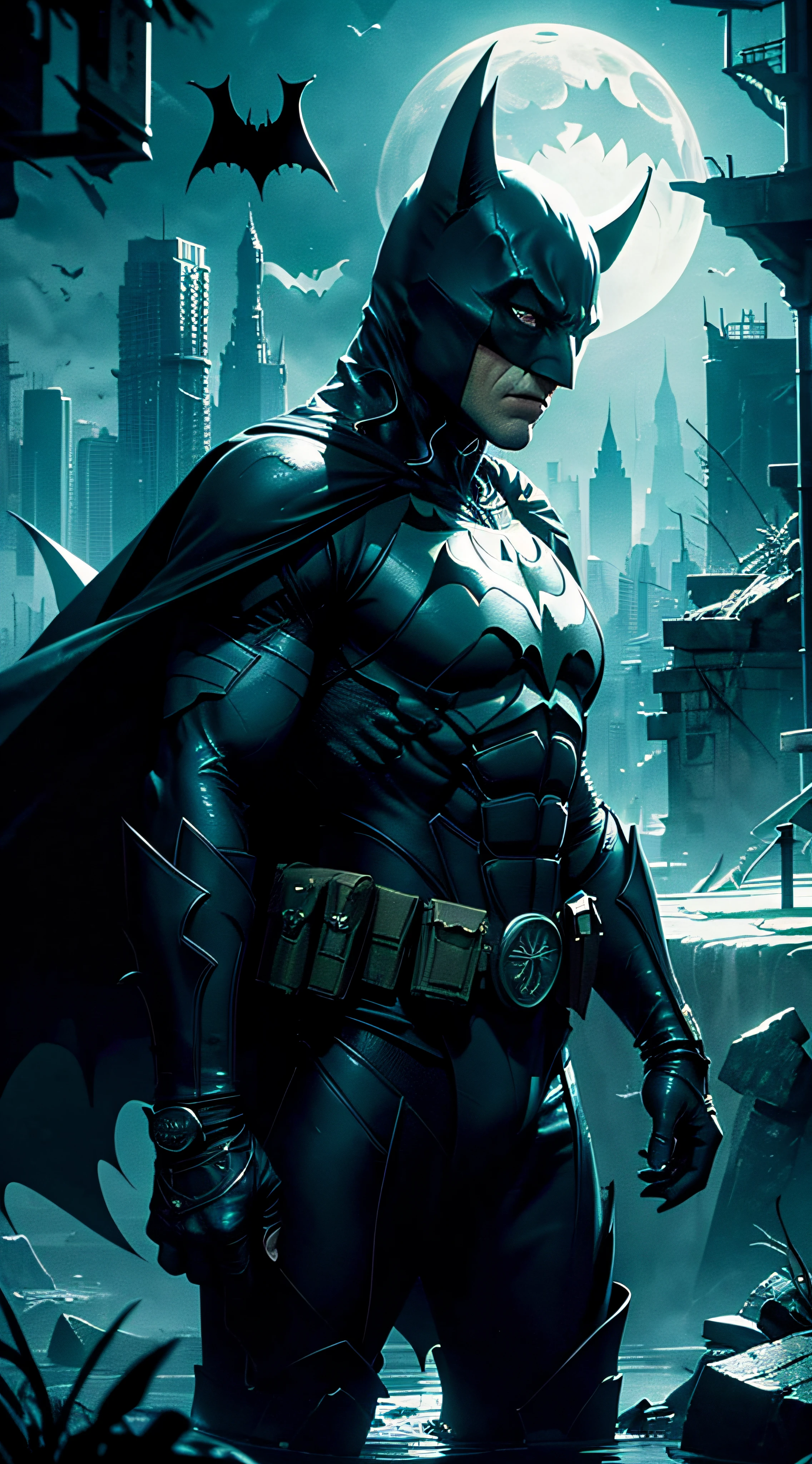 Batman from the dark knight stands with hand gun imposing in a gothic lost city. Moonlight highlights your muscles and scars. The scenery is lush and mysterious, with futuristic tech and surroundings. The camera details everything, a warrior woman, in front of him. --auto