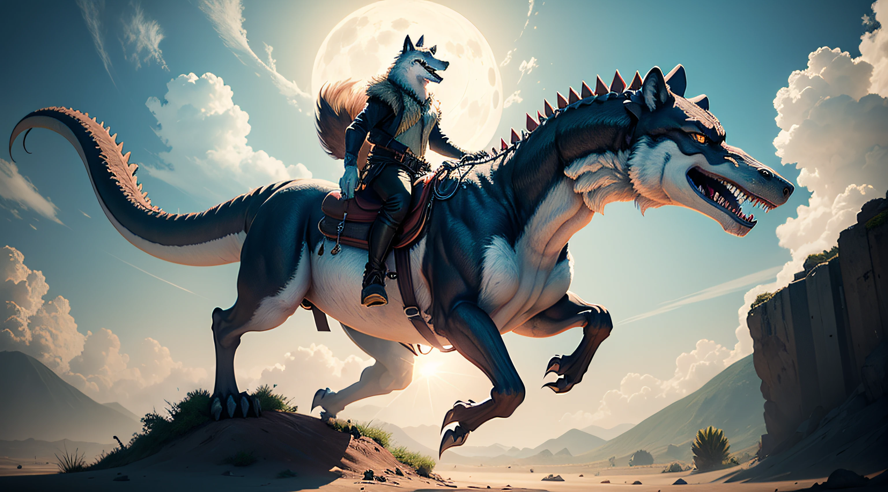 Wolf riding dinosaurs
