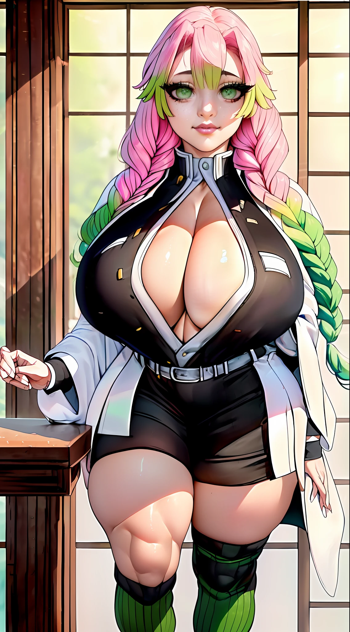 (sfw:1.2) and (A beautiful 18 year old korean idol:1.2) and mitsuri(demon slayer) and and (detailed Natural perky Massive breasts:1.8 and large breasts:1.8) and (cleavage visible:1.2) and (her skin is pale:1.25) and (solo) and (front view) and (seductive smile:1.15) and (masterpiece and best quality and ultra-detailed) and (Realistic:1.4) and (realistic photography:1.2) and raw photo and aesthetic lighting and photorealistic lighting and perfect anatomy and (facing the front:1.2) and (facing viewer:1.2) and (looking_at_viewer:1.2) and (sexy body:1.8) and (detailed facial features:1) and (detailed face:1) and (symmetrical eyes) and (long eyelashes) and (mascara:1) and (keylight reflection on eyes) and detailed iris and detailed pupil and detailed pink lips and parted lips and (Detailed Skin Textures) and (she has green eyes:1.15) and (She is wearing haori:1.2) and (she has bangs:1.2) and (she has green hair:1.15) and pink hair and (She is wearing demon slayer uniform:1.2) and (she has gradient hair:1.15) and (she has braid:1.155) and (she has multicolored hair:1.155) and (she has long hair:1.2) (she hastwin braids:1.15) and (She is wearing White jacket:1.25) and (She is wearing japanese clothes),