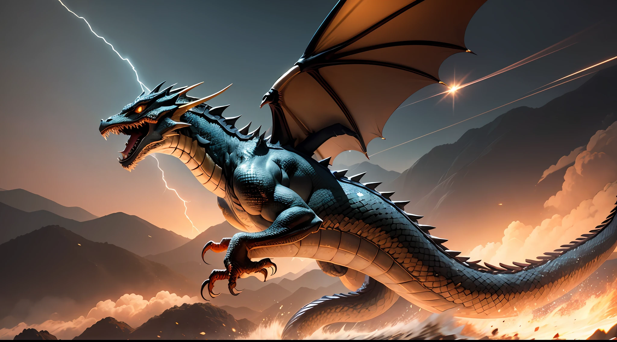 Snake Thin Dragon、nails are sharp、Sharp face、In gold、Dynamic、Dynamism、Flying through the sky of Yakushima、Photorealism Based Details Widget 1.3, Ultra-detailed depiction、Cinematic shots with HDR effect、Vignette and center screen、Generate in automatic mode。 --auto