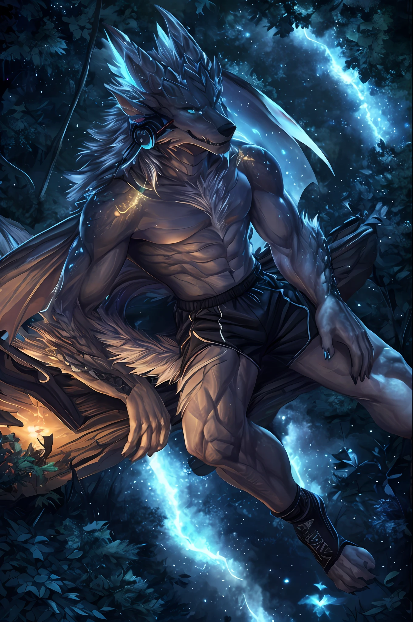 lewd eyes, in a panoramic view，Character focus，Full body like，独奏,solo person， Correct human anatomy。male people，Furry male wolf，Yellow eyes，Gray skin，A pair of dragon wings, Gray hair(The long），Wear white ear headphones，couple（small）Blue horn fluorescence，In the forest，the night，starrysky，Lying on the treetops，drools，Take control of the magic，White gym clothes，grey shorts，Sports socks，head looking up，Looking at the night sky，DOA，Young style，height of one meter seven，Handsome， There is a wolf tail，k hd，8K，1440*2048