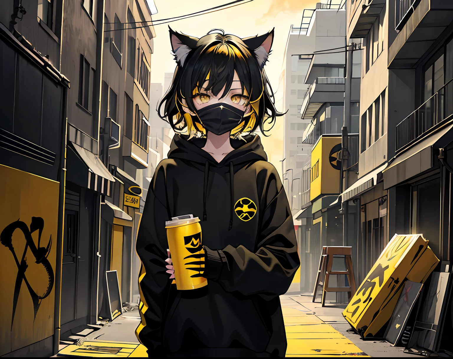 (best quality, masterpiece), (1girl, solo, cat ear black hood, standing, yellow eyes, black hair, leaning, upper body), (less light, black yellow room, Yellow graffiti behind, disorderly spray cans)