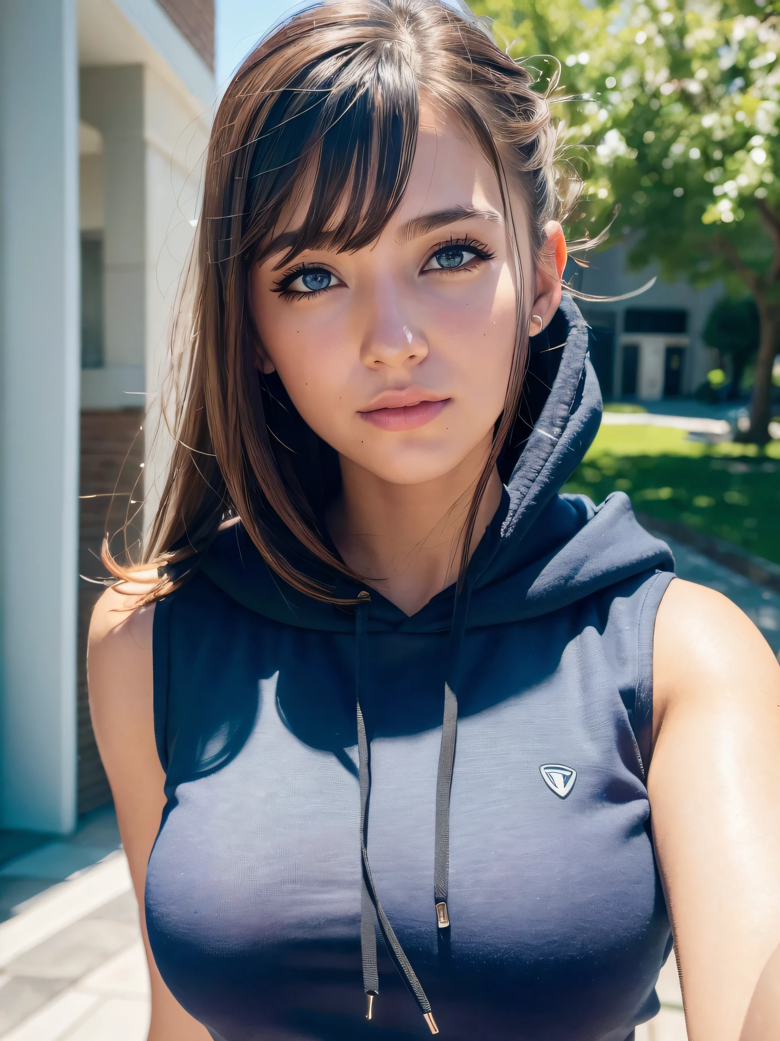 ((Best Quality:1.2, 8K, Sharp Focus, master piece: 1.2, natural Light, extremely details CG, beautiful Girl:1.2, reality, Detailed face textures, Realistic skin, beautiful makeup, octane render, magnificent, Detailed bangs)), (depth of fields), Bokeh background, Head tilt, Smile, brown long hair, Cowboy Shot, (sleeveless hoodie), wind, selfie , from below, looking at viewer