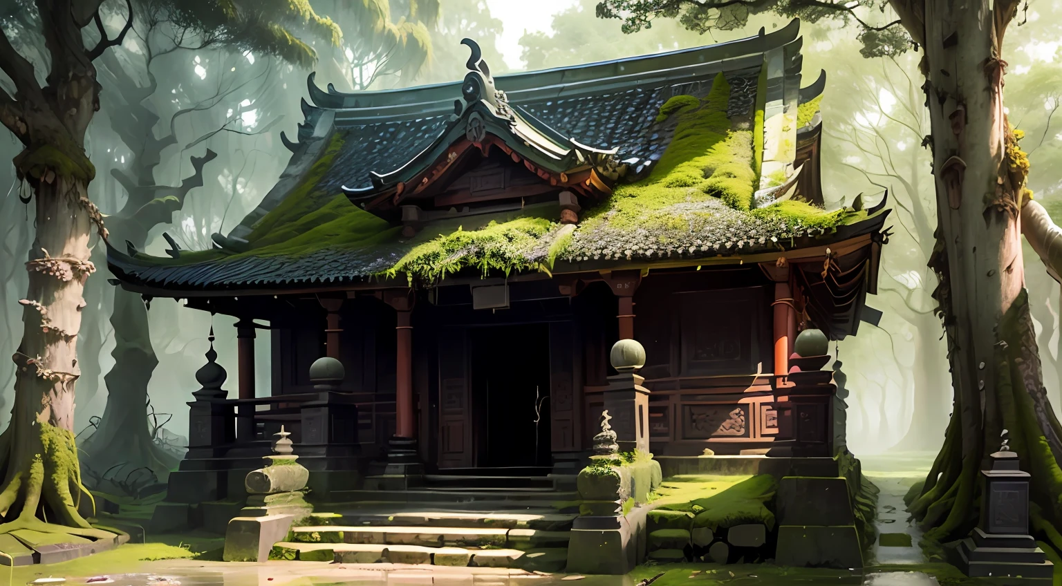 rainy days，Ancient temple gate，Vicissitudes，The stone steps are covered with moss，Towering ancient tree，Tree branches shade the sky，The ground is overgrown with weeds --auto