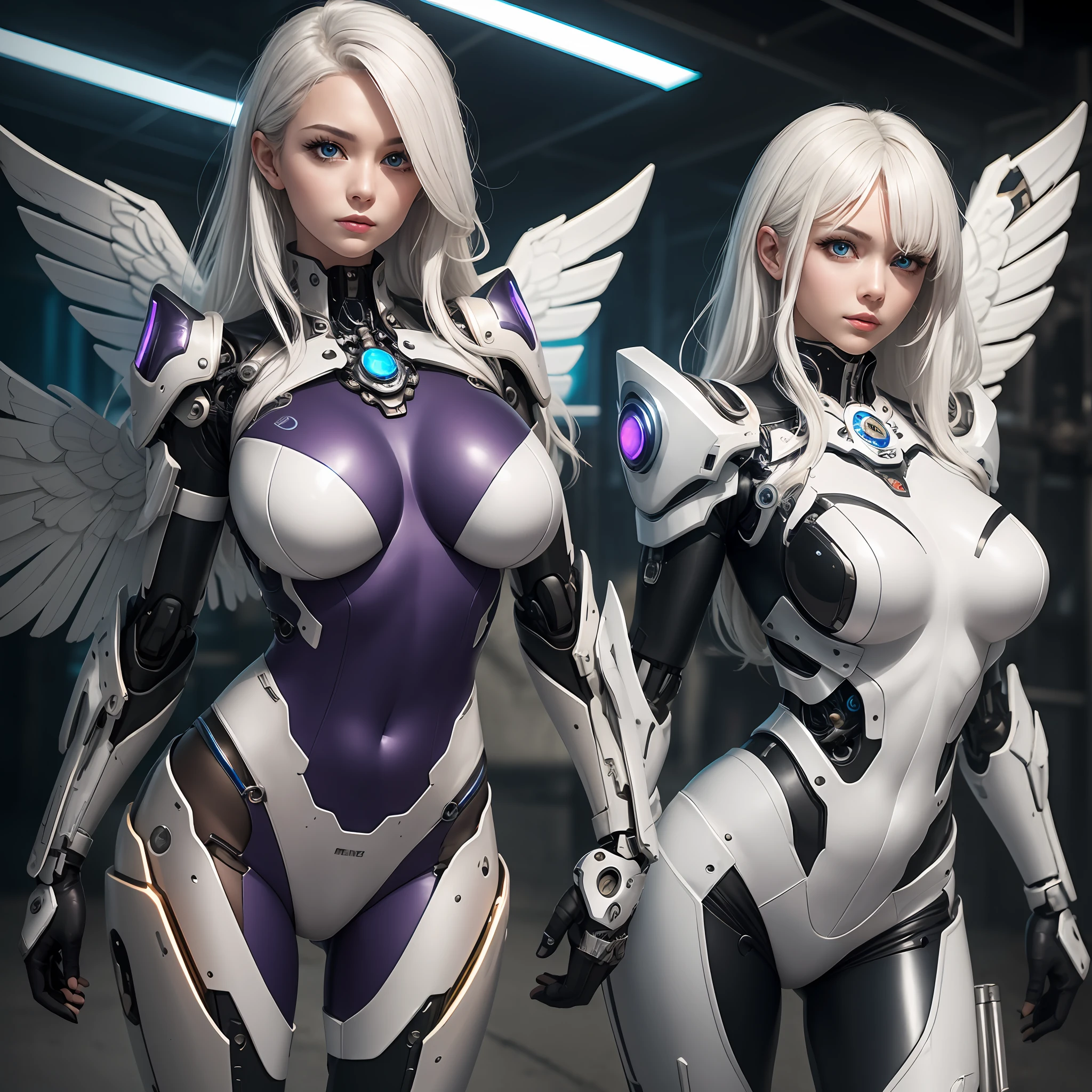white hair、long fluttering hair、strong breeze、a purple eye、radiant eyes、Mechanical Angel、large metal wings、Circle of Shining Angels、Steampunk Girl、Colossal tits、The face and chest are alive、Cleavage is visible。photoRealstic、portfolio、White Latex Suit、White porcelain body、Steampunk Metal Mecha Suit、Combat cyborg、Sumerian details、metalic、detailed mechanical components、Bundle of thin tubes、Metal cylinder、Detailed neon、Fine LED、Fine parts、cowboy shot、character edge light、