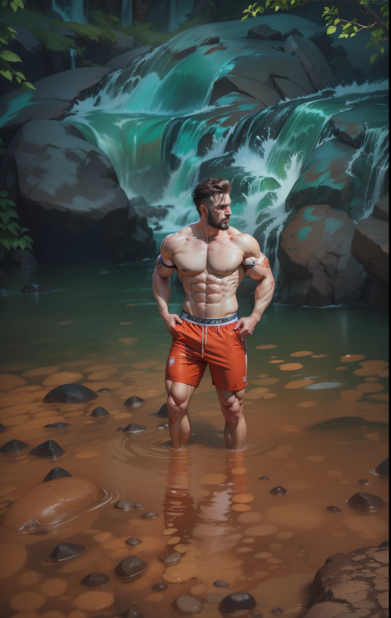 "A charismatic and rugged man with a captivating presence, confidently posing under a breathtaking waterfall, highlighting his alluring physique amidst a mesmerizing interplay of shadows. 8k resolution."